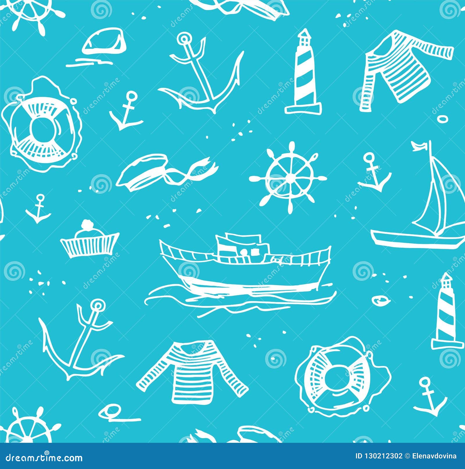 Marine Drawings, Seamless Pattern, Light Blue, Vector/Marine Drawings ...