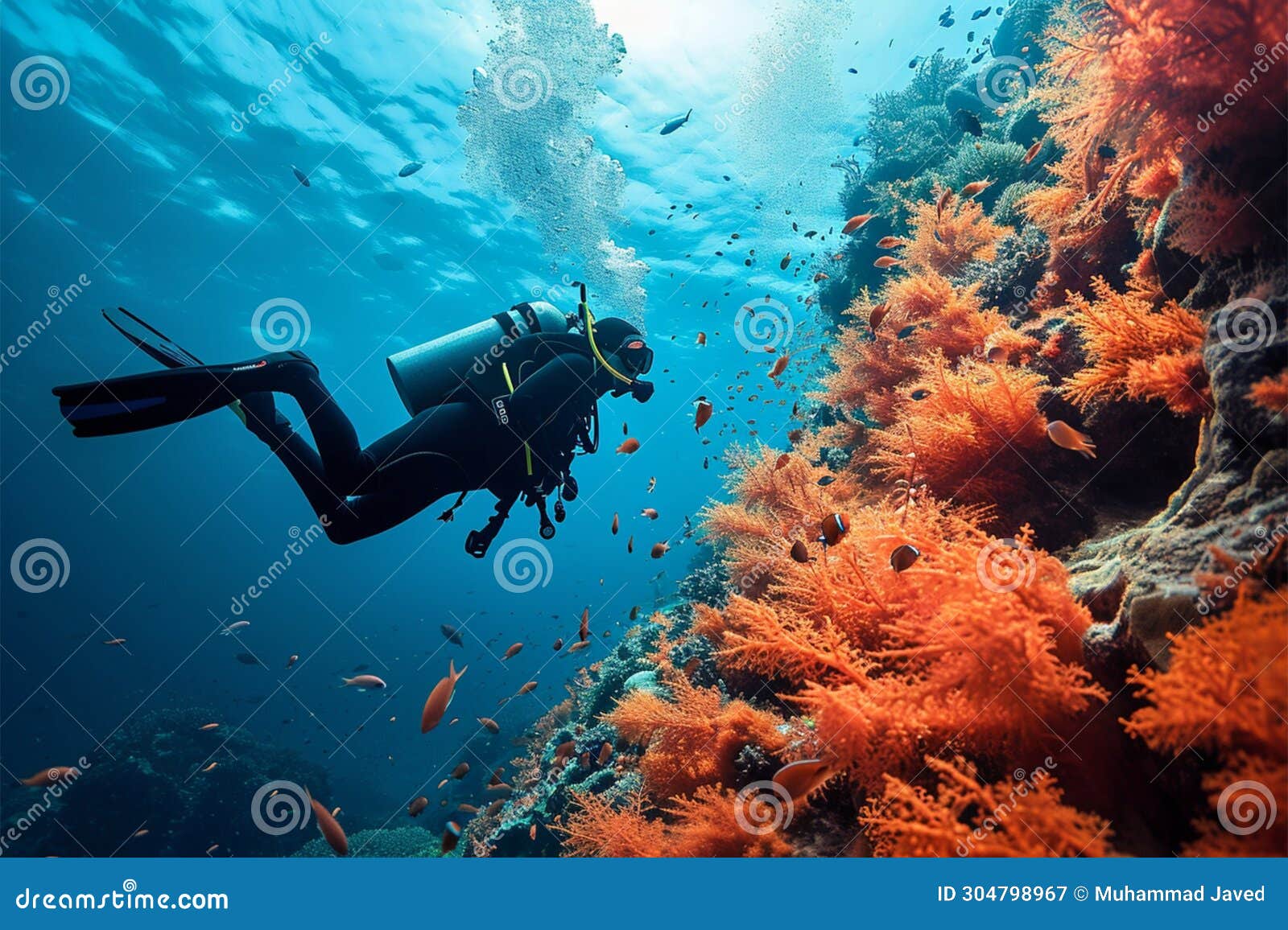 Marine Exploration Diver Swimming among Fish and Red Coral Reef Stock ...