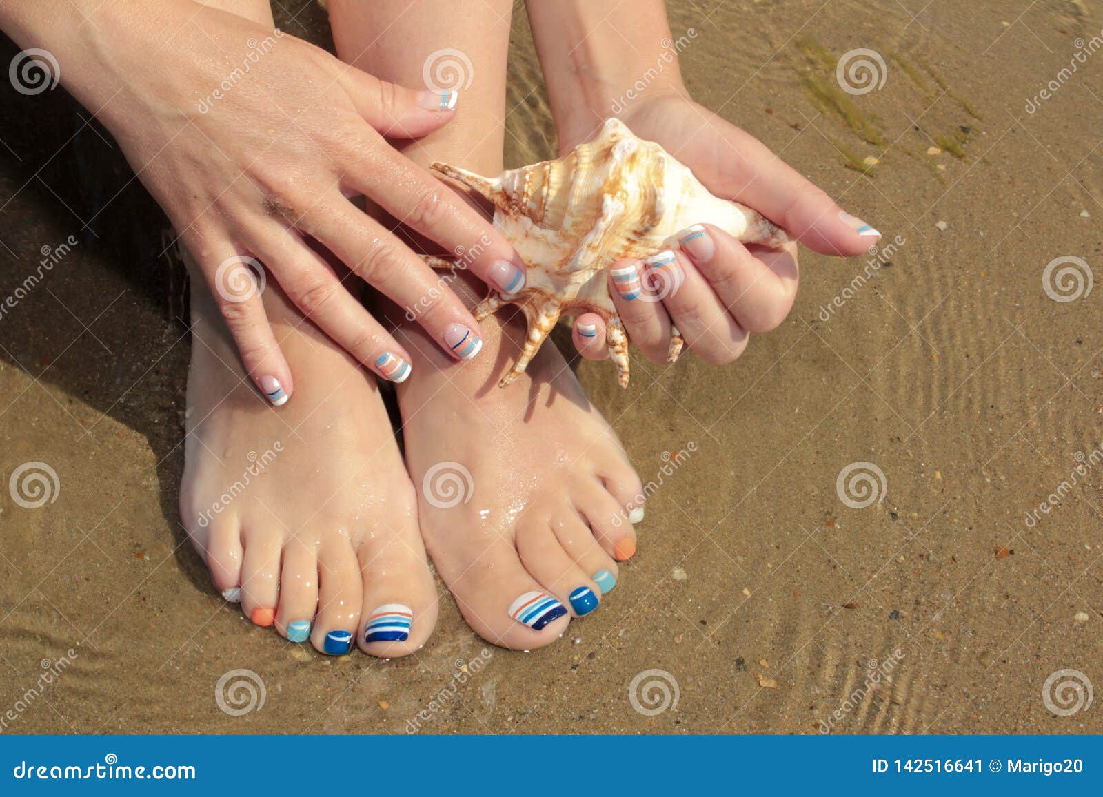 Marine French Manicure and Pedicure with Blue and Orange Stripes on Short  Nails on the Coast Stock Image - Image of monophonic, orange: 142516641