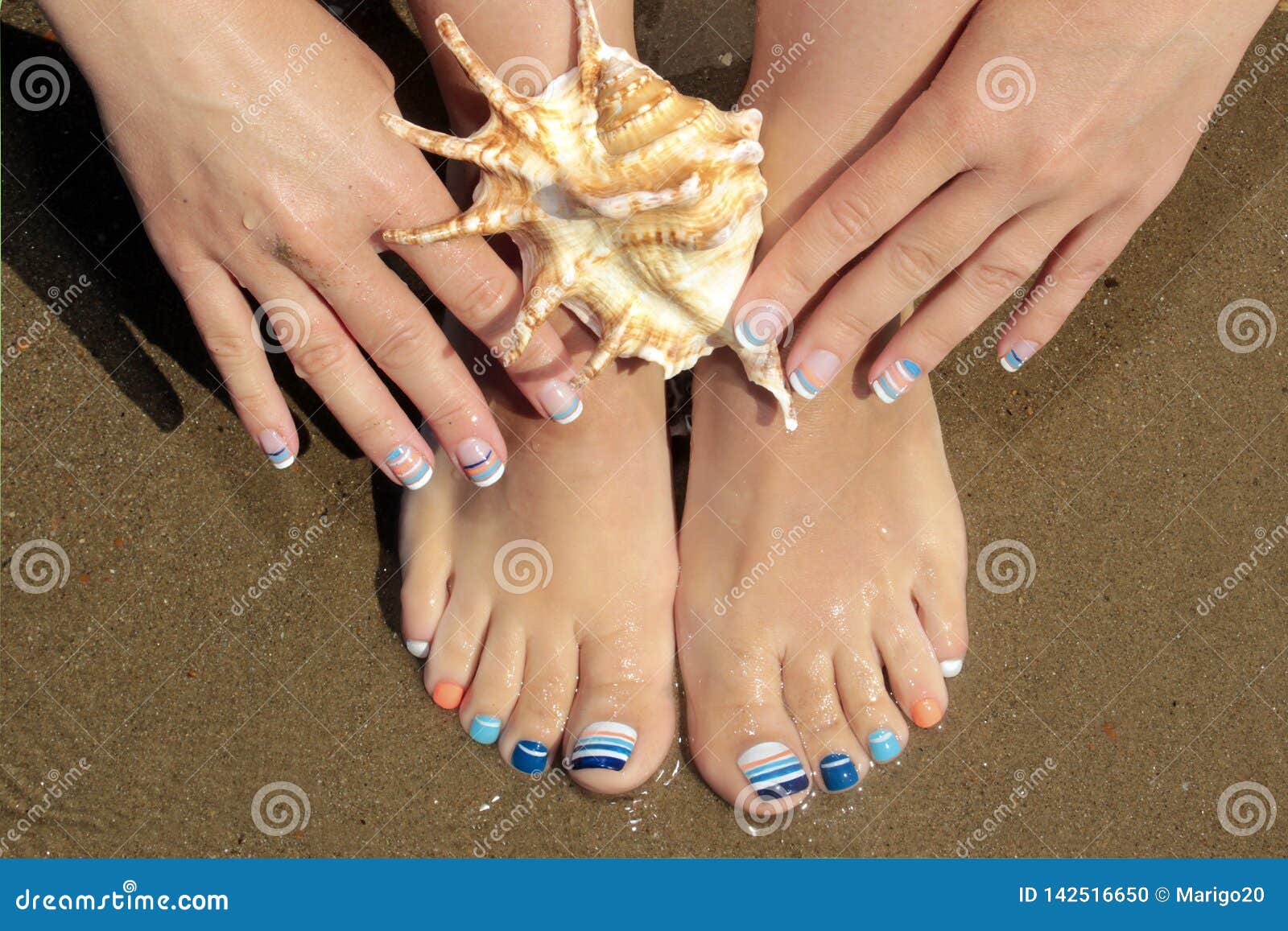 Marine French Manicure and Pedicure with Blue and Orange Stripes on Short  Nails on the Coast Stock Photo - Image of fashionable, nails: 142516650