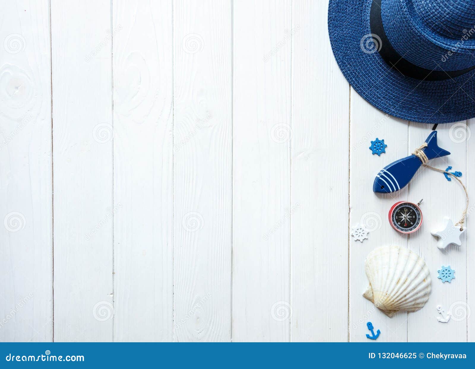 Marine Items on Wooden Background. Sea Objects: Straw Hat, Swimsuit ...