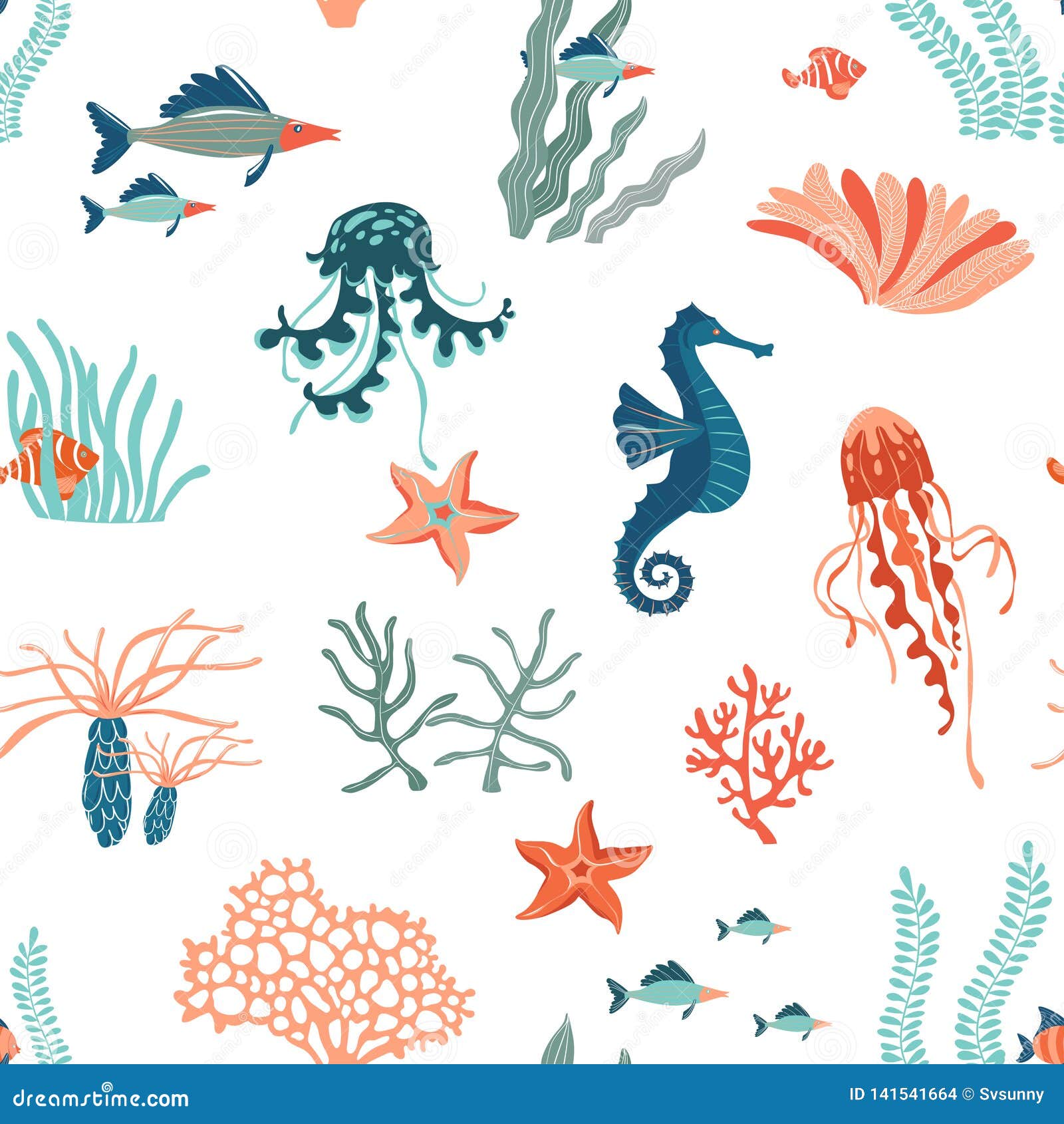 Marine Life Flat Vector Seamless Pattern Background. Underwater Animals