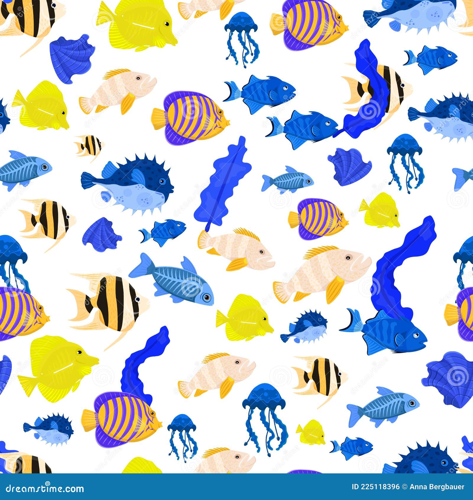 Marine Life Seamless Pattern. Angelfish, Shell, X-ray Fish, Pufferfish ...