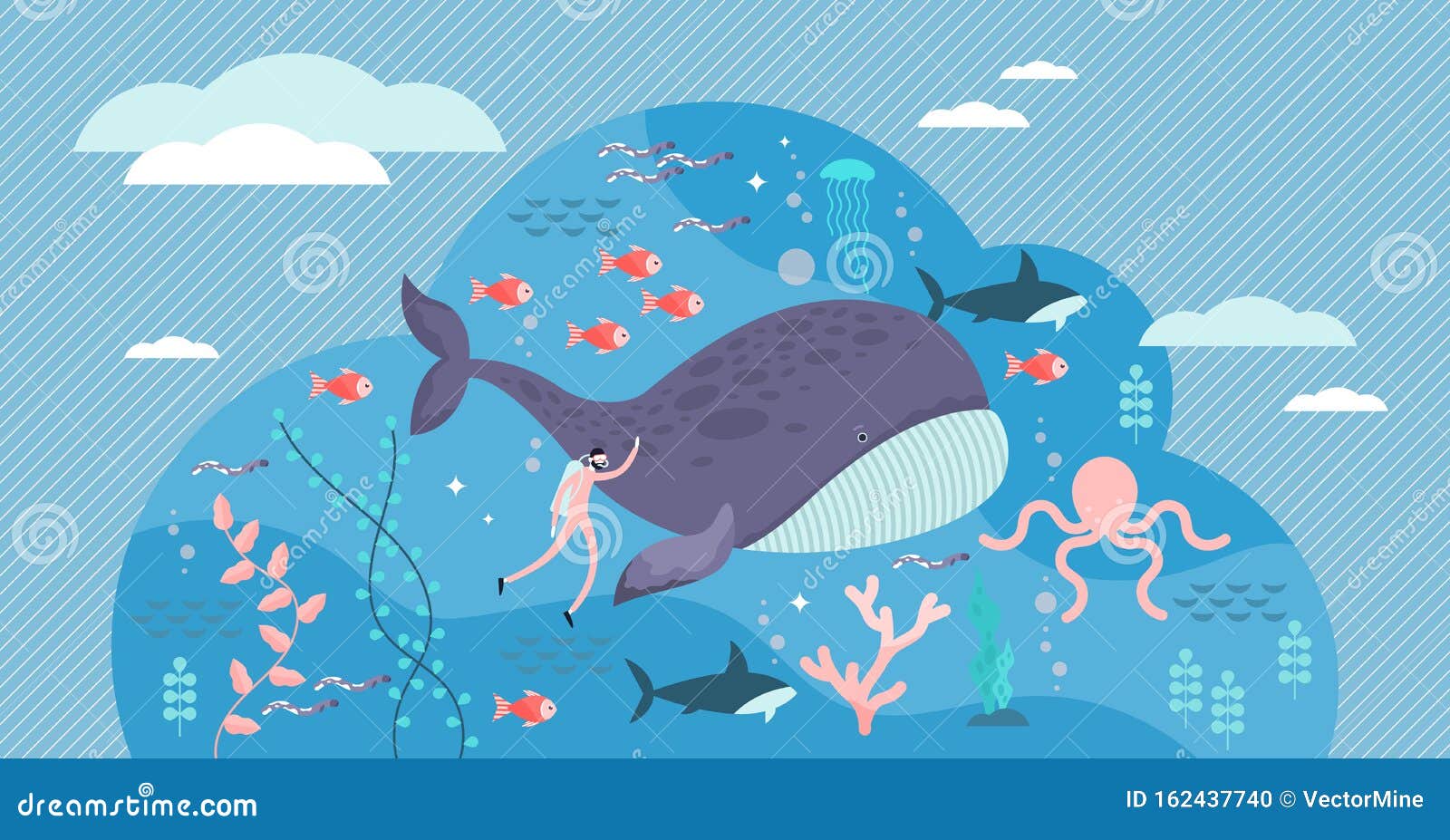 Marine Life Vector Illustration. Flat Tiny Sea or Ocean Fishes and Animals.  Stock Vector - Illustration of deep, harmony: 162437740