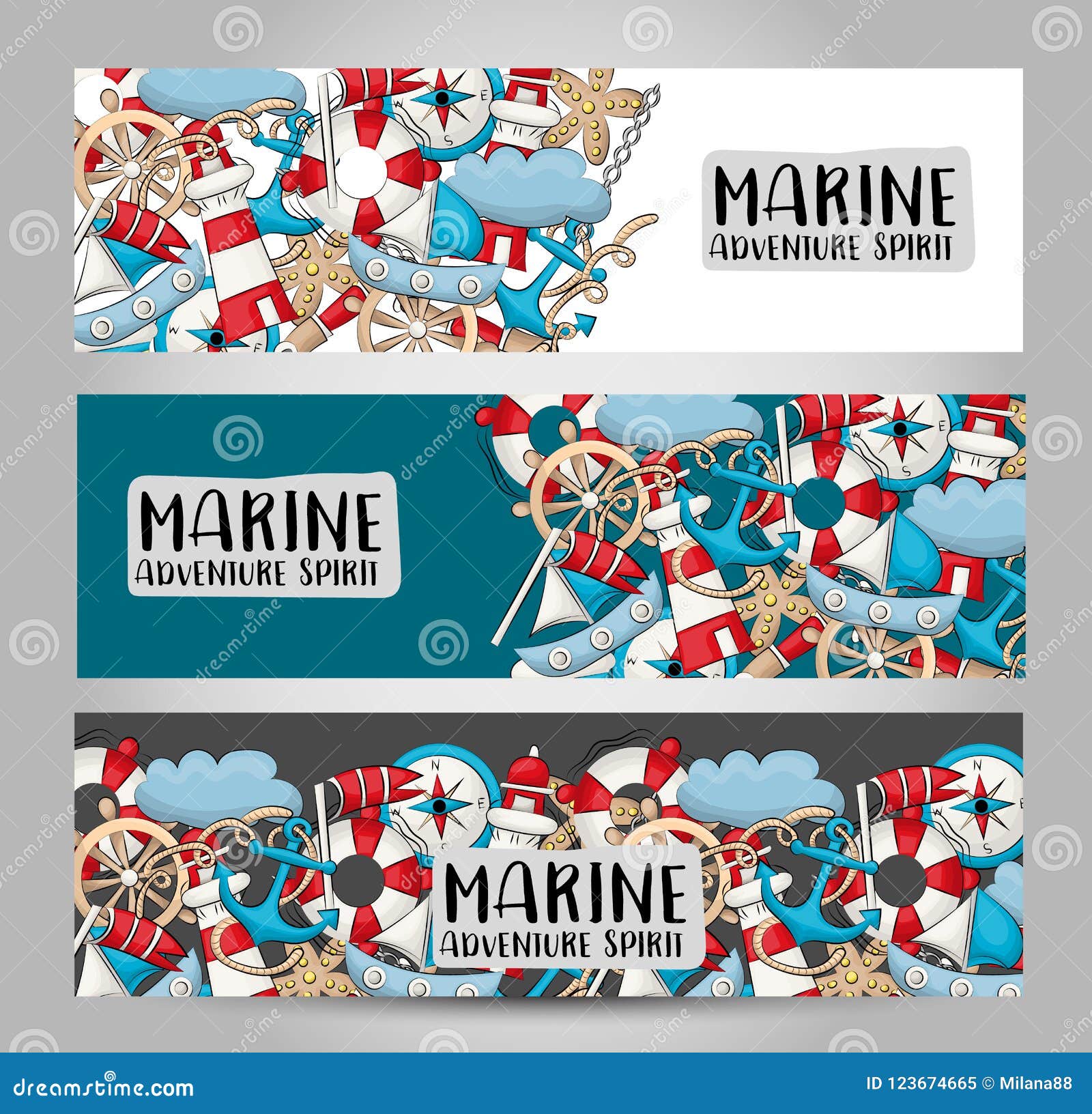 Marine Nautical Travel Concept. Horizontal Banner Template Set With Nautical Banner Template