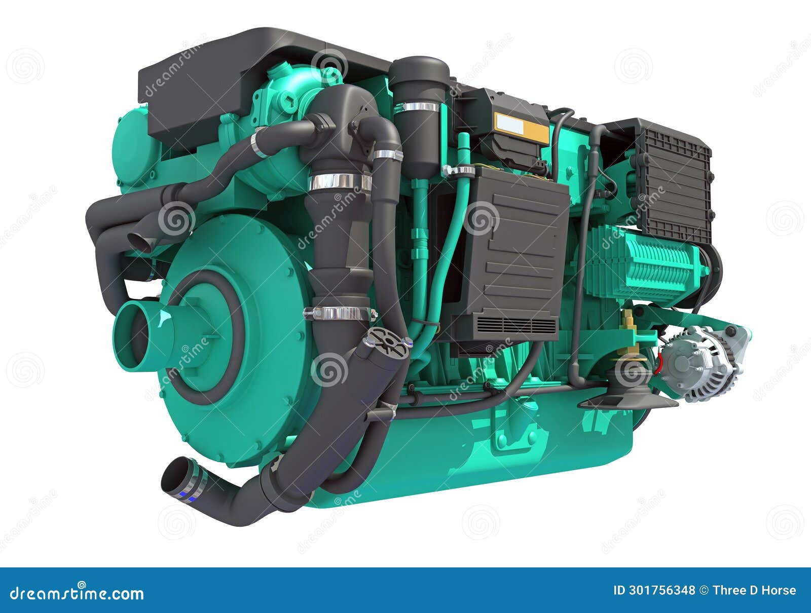 Marine Propulsion Engine for Ships, Yachts and Boats 3D Rendering Stock