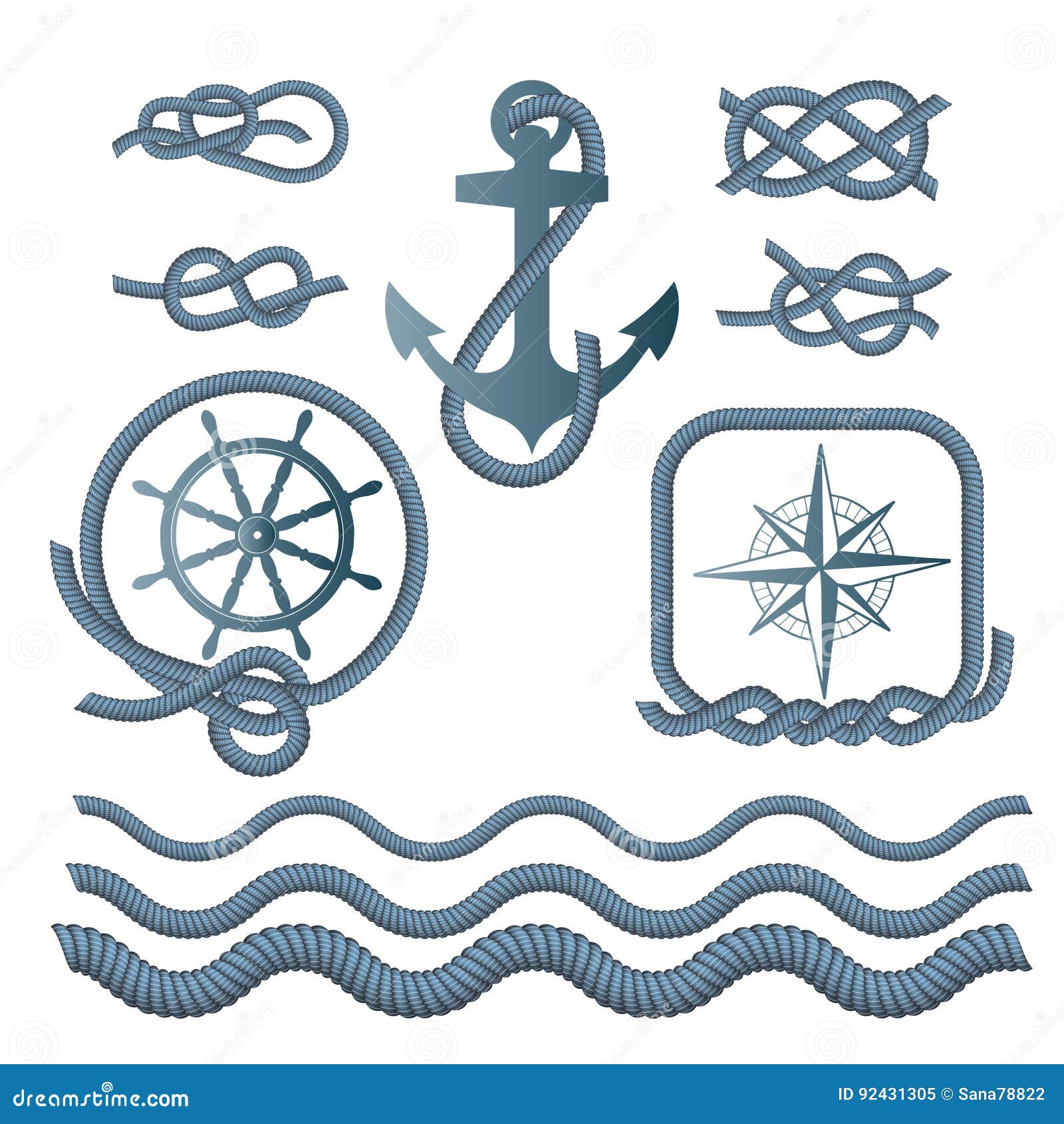 Marine Symbols - a Compass, an Anchor, a Rope Knot, a Rope. Stock