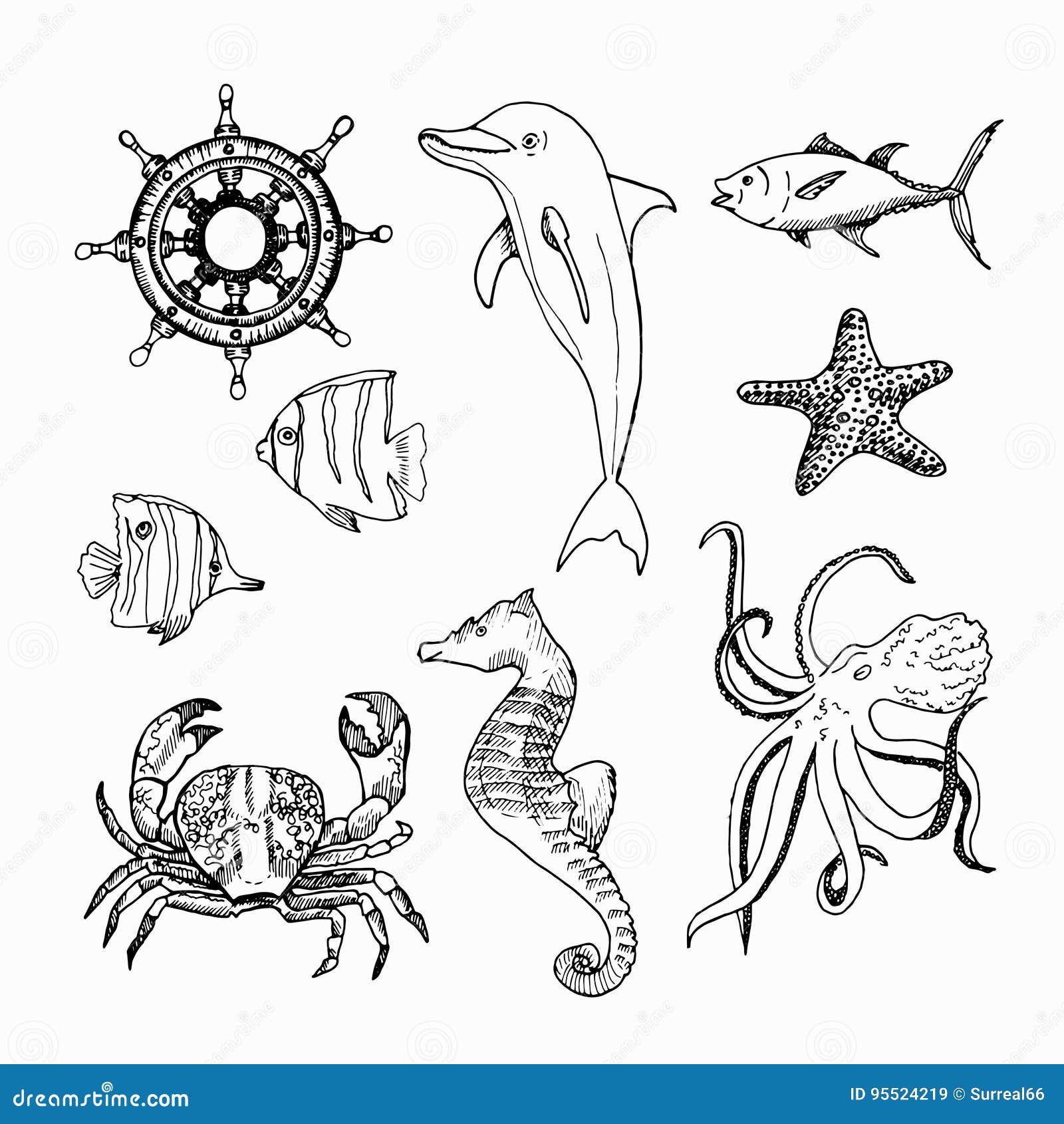 Marine Topic Hand Drawn Elements. Stock Vector - Illustration of food ...