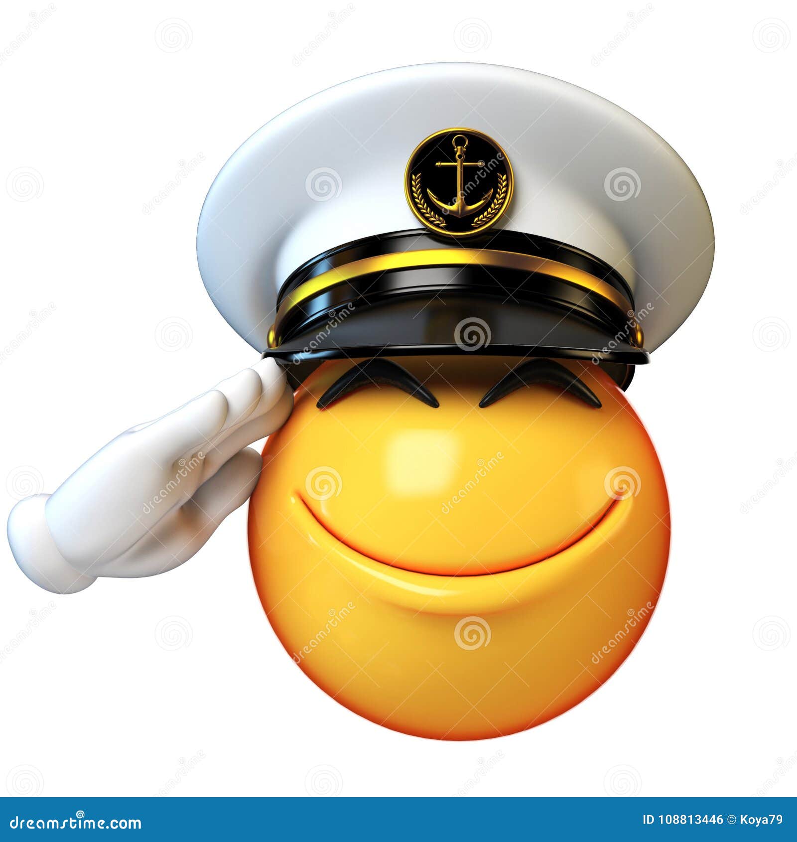 marines hat emoji  on white background, admiral emoticon wearing navy cap, saluting, 3d rendering