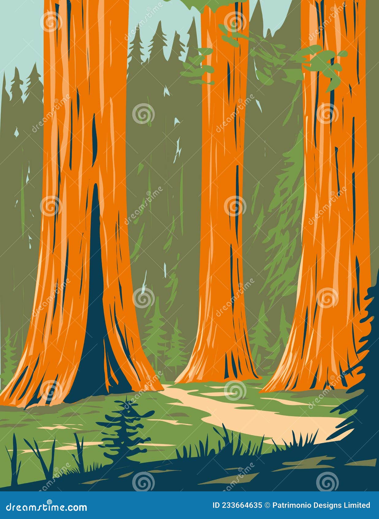 mariposa grove of giant sequoia in yosemite national park near wawona california wpa poster art