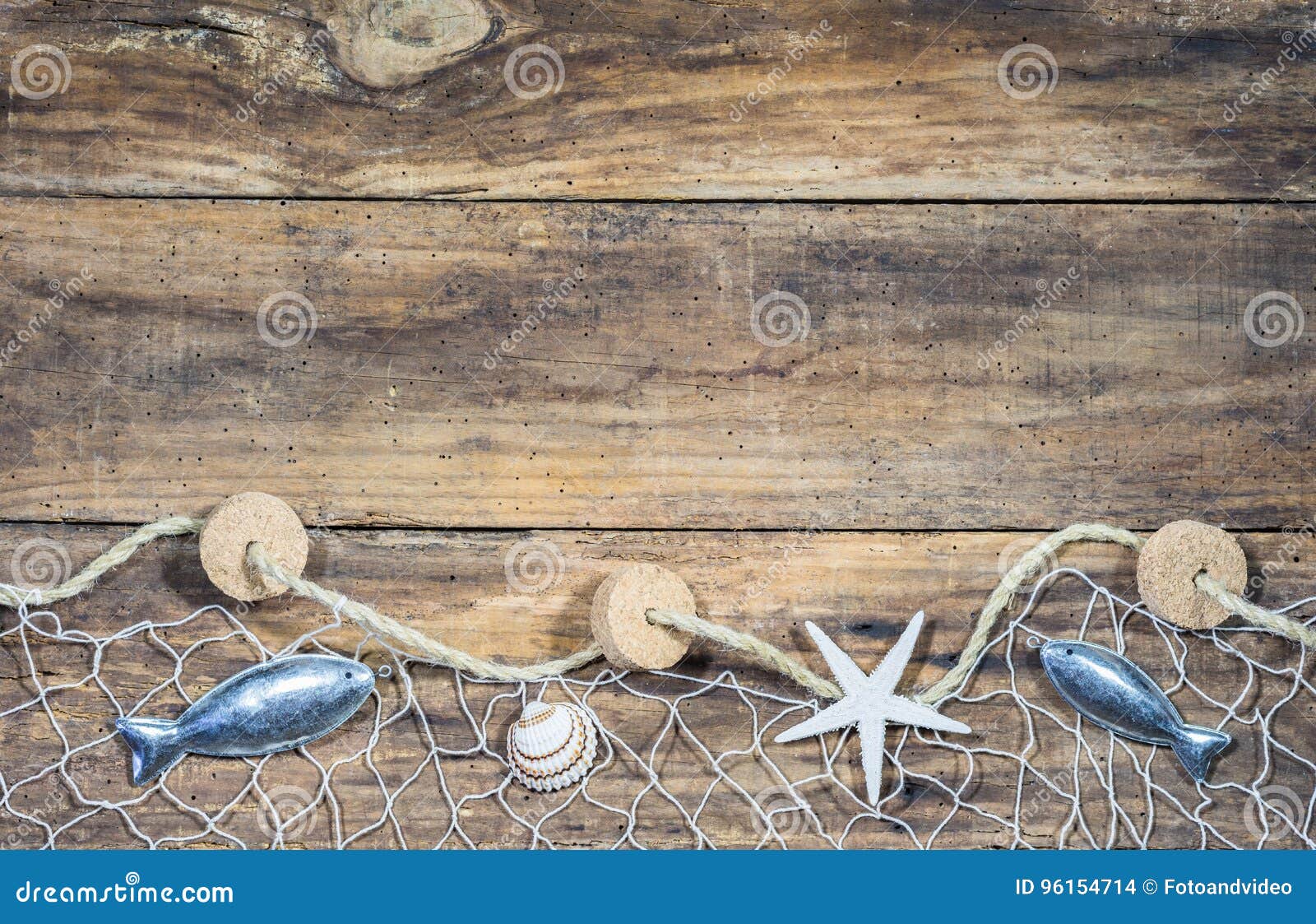 Maritime Nautical Decoration with Fishing Net on Brown Wood Stock Photo -  Image of card, marine: 96154714