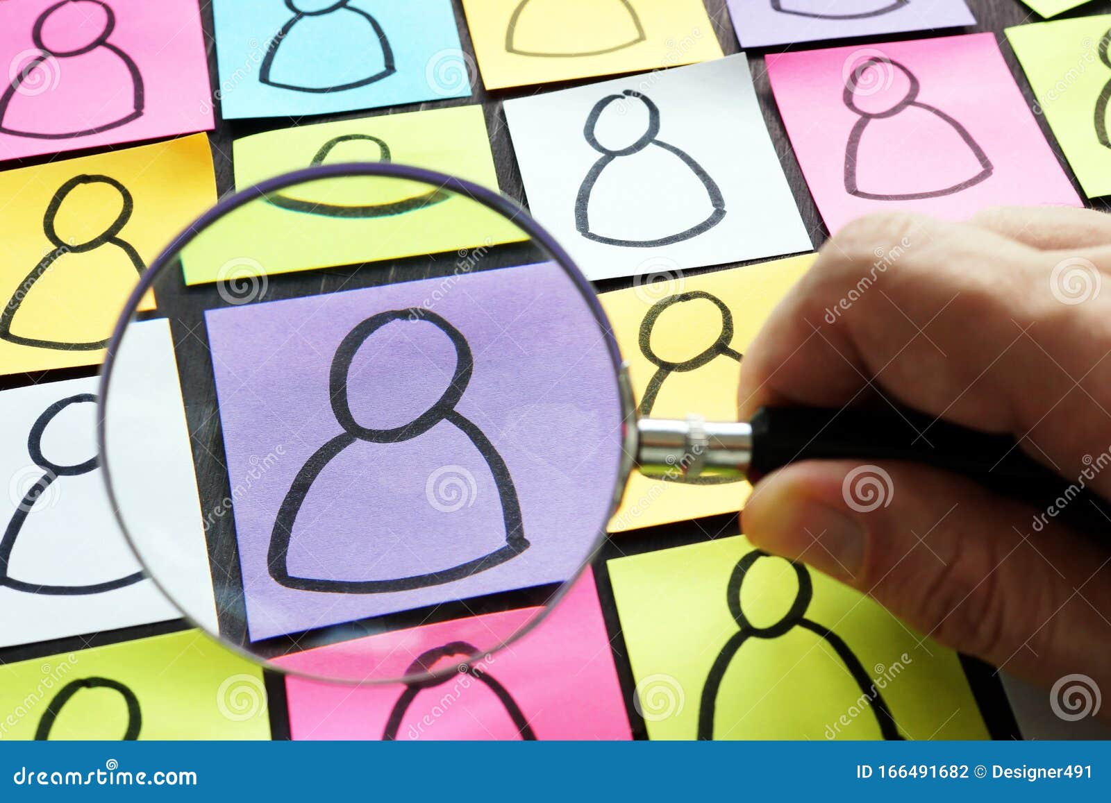 market or consumer research. drawn figures of people and magnifying glass
