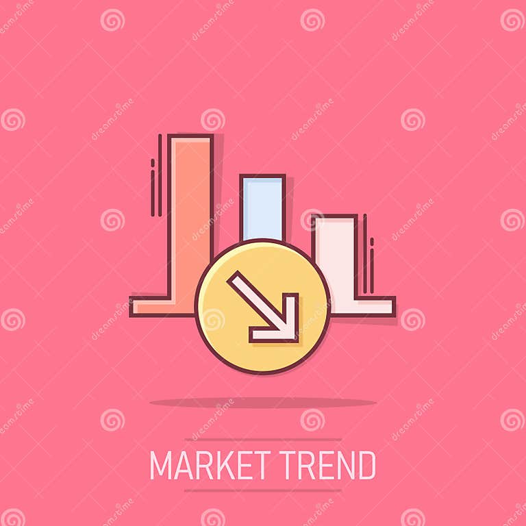 Market Trend Icon in Comic Style. Decline Arrow with Magnifier Cartoon ...