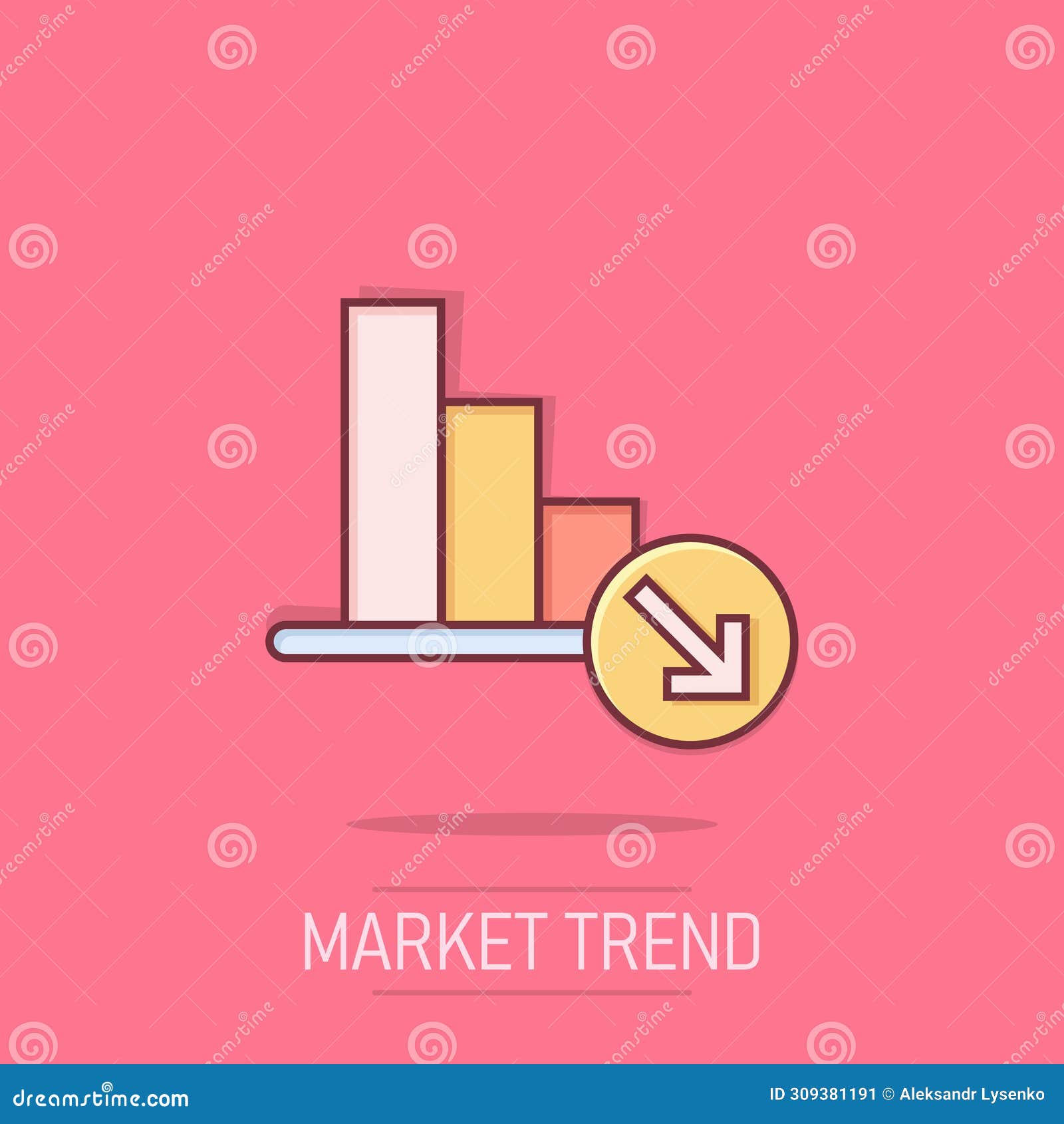 Market Trend Icon in Comic Style. Decline Arrow with Magnifier Cartoon ...