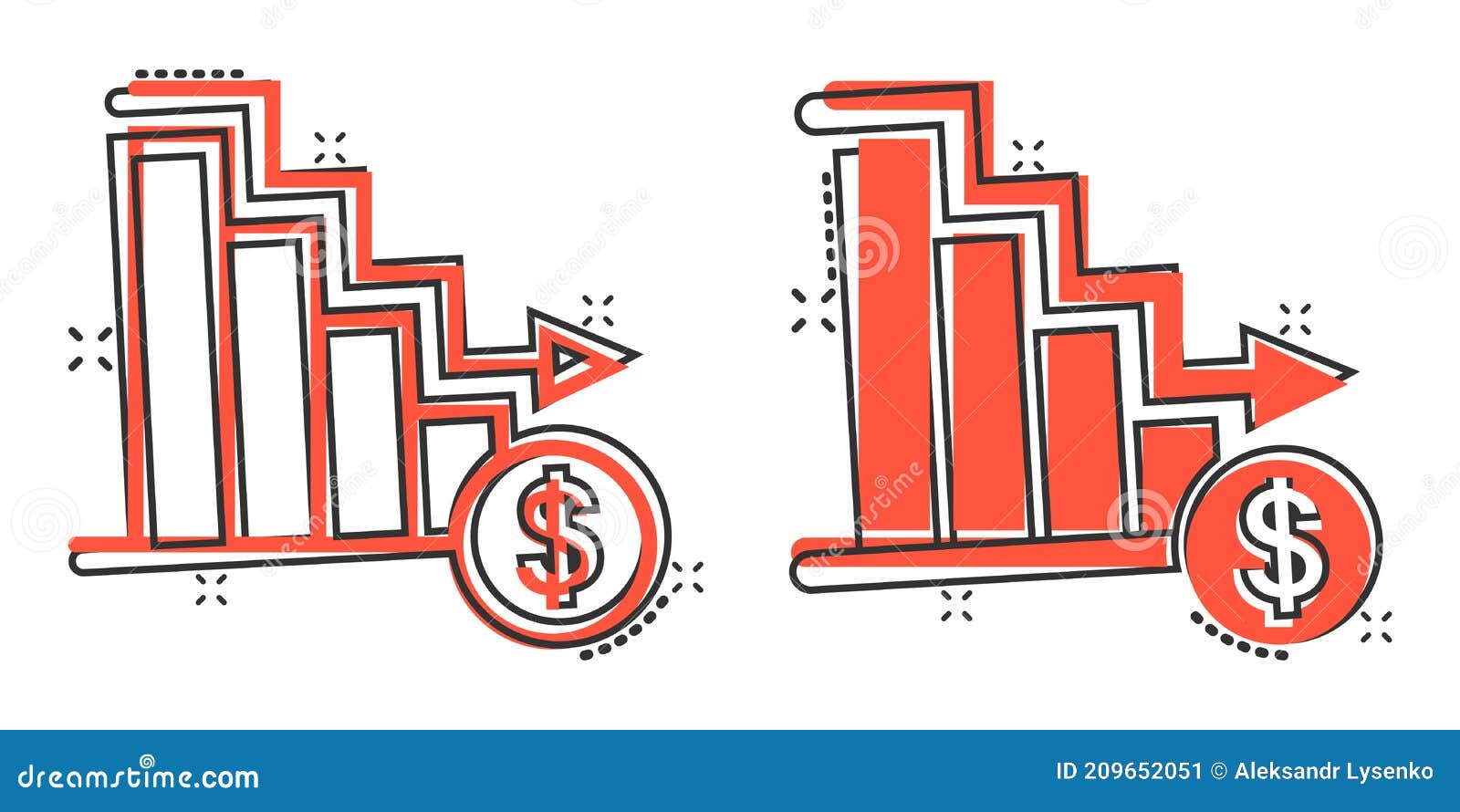 Market Trend Icon in Comic Style. Decline Arrow with Magnifier Cartoon ...