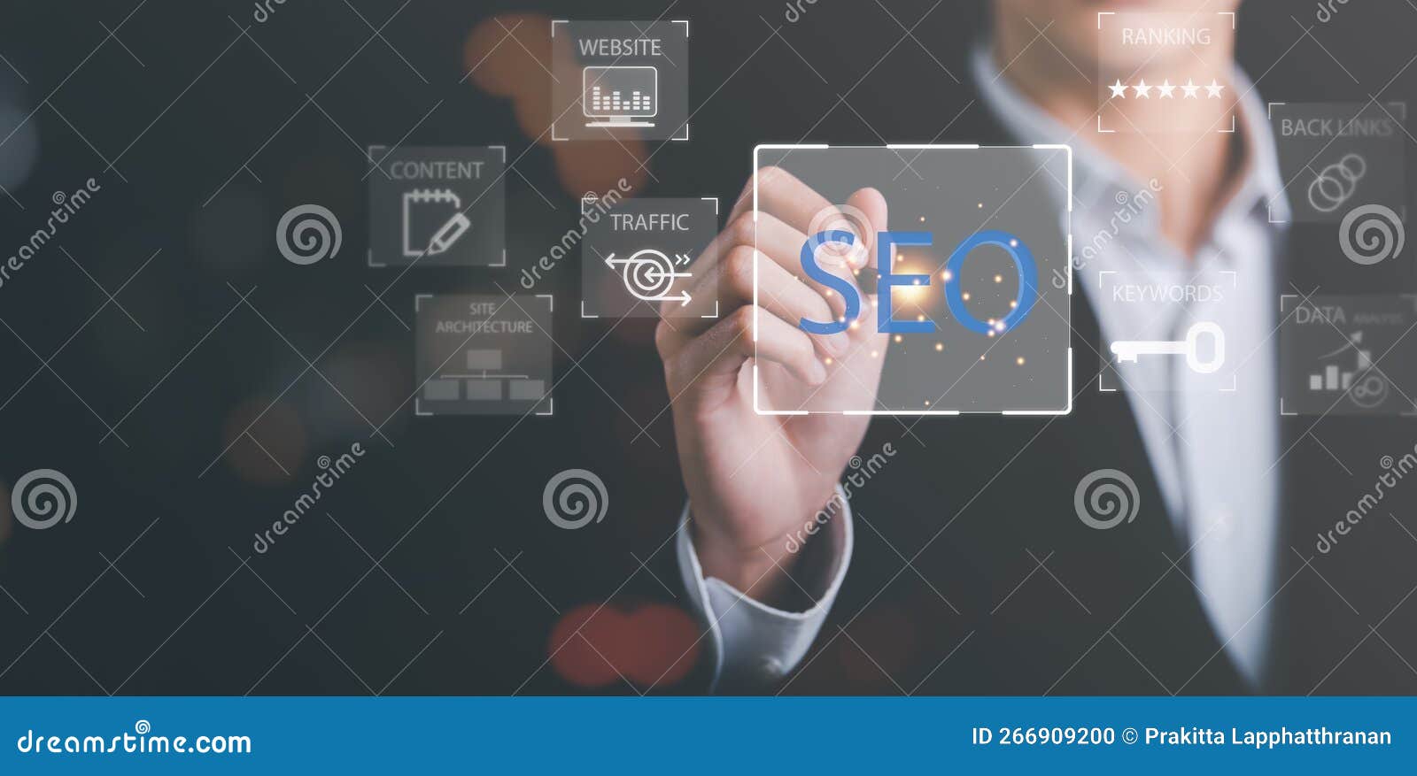 marketer holding pen pointing to icon and shows seo , optimization analysis tools, search engine rankings, social media