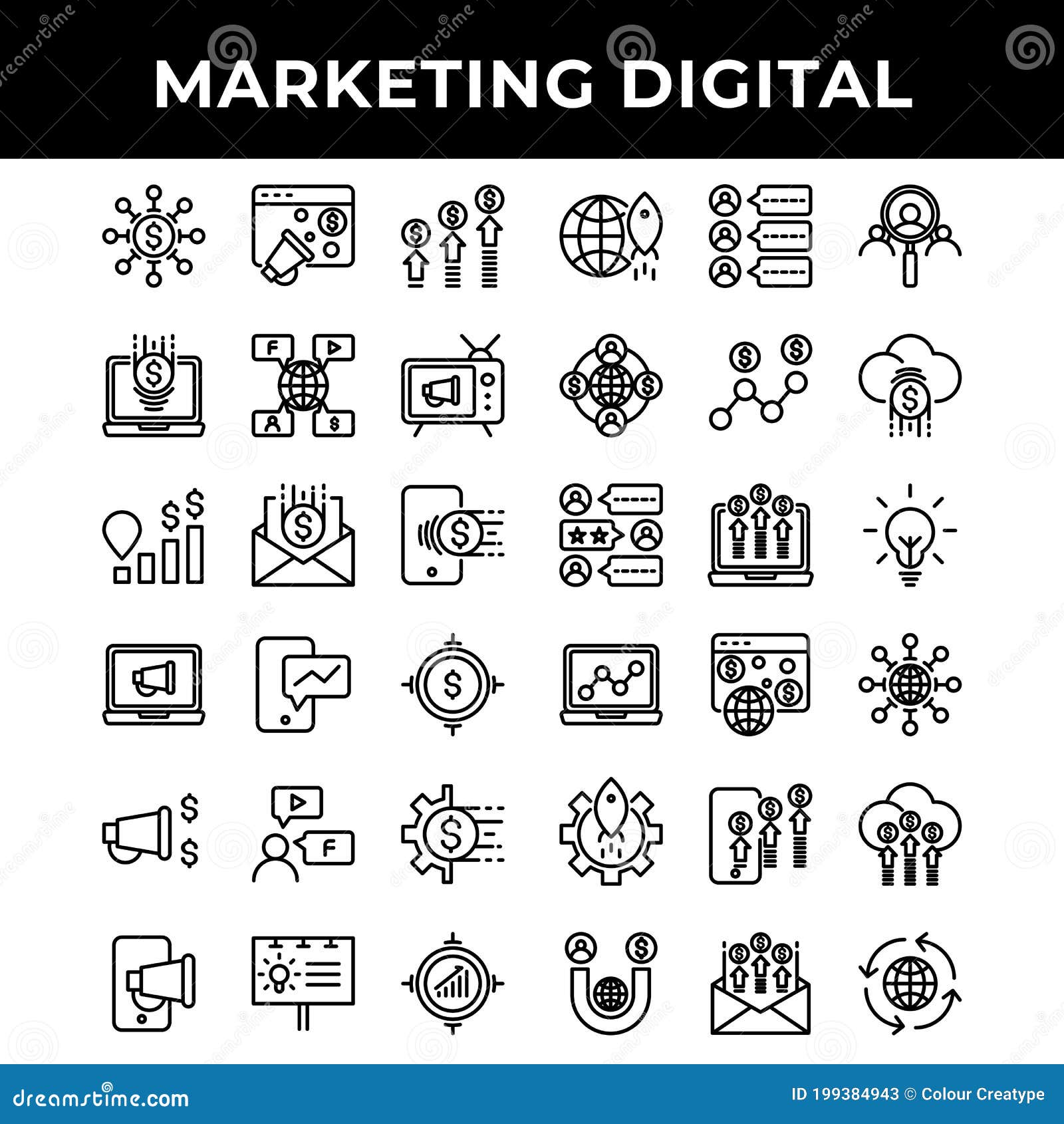marketing digital icon set include promotion,advertising,mail,phone,laptop,microphone,promotion,gear,banner,target,network,money,
