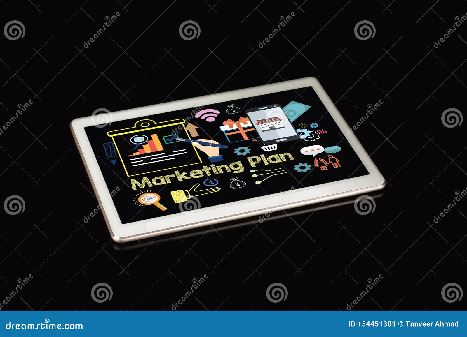 Marketing Plan Theme with Tablet Screen on Black Background Stock Image Image of plan, money