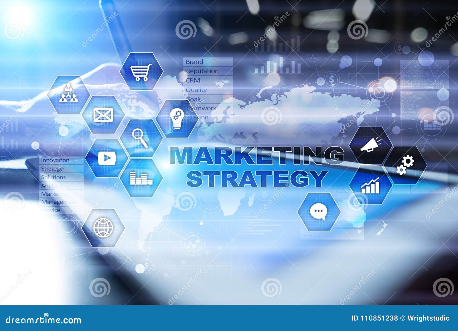 marketing strategy concept on virtual screen. internet, advertising and digital technology concept. sales growth.
