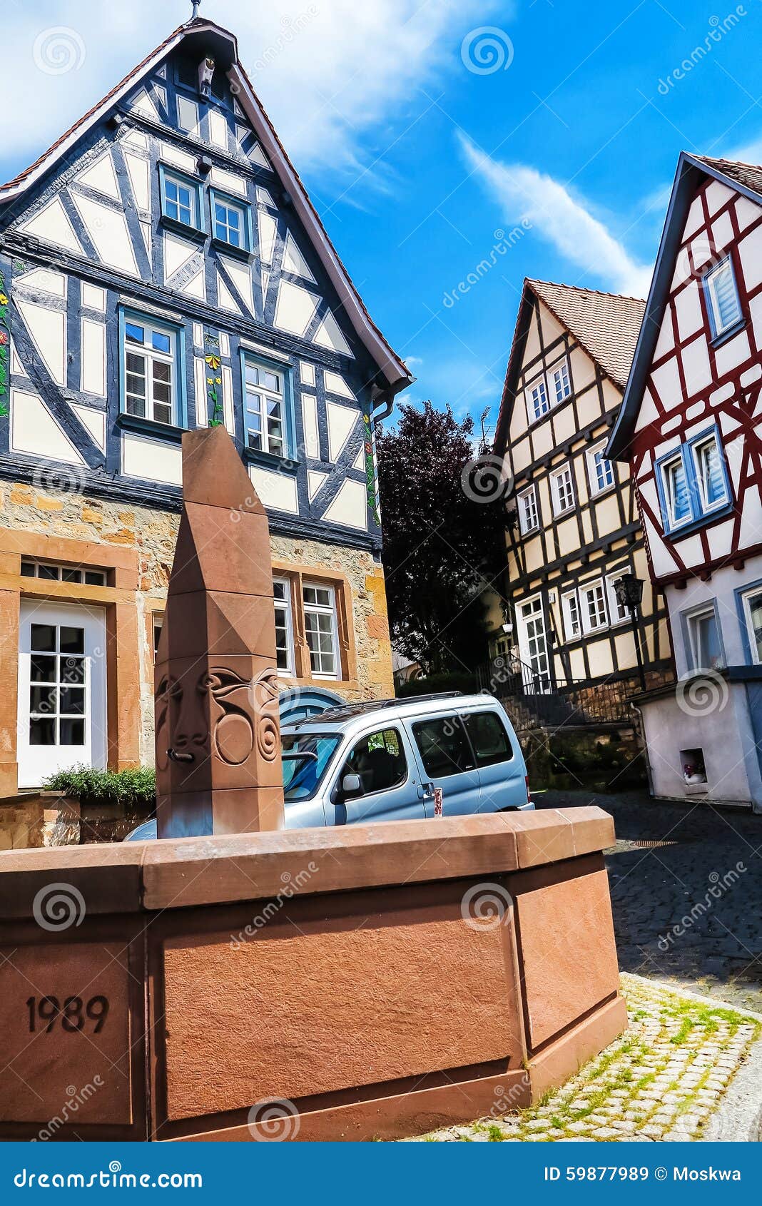 Marketplace with city fountain in Ortenberg, Hesse, Germany