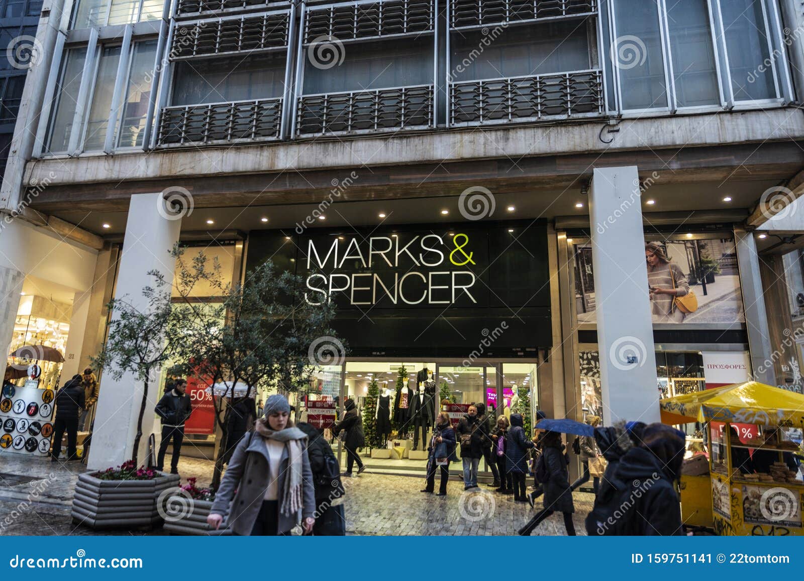Marks & Spencer Store at Night in Athens, Greece Editorial Photo