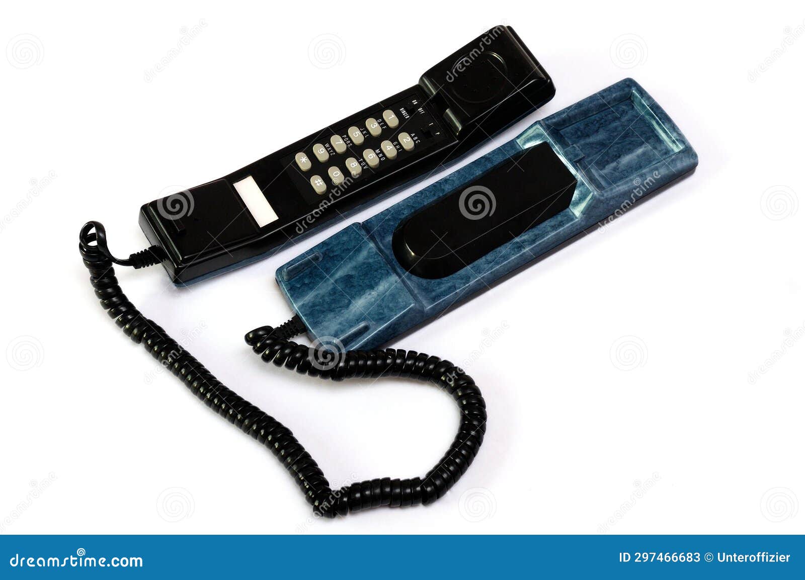 a maroon turquoise colored home analogue line phone