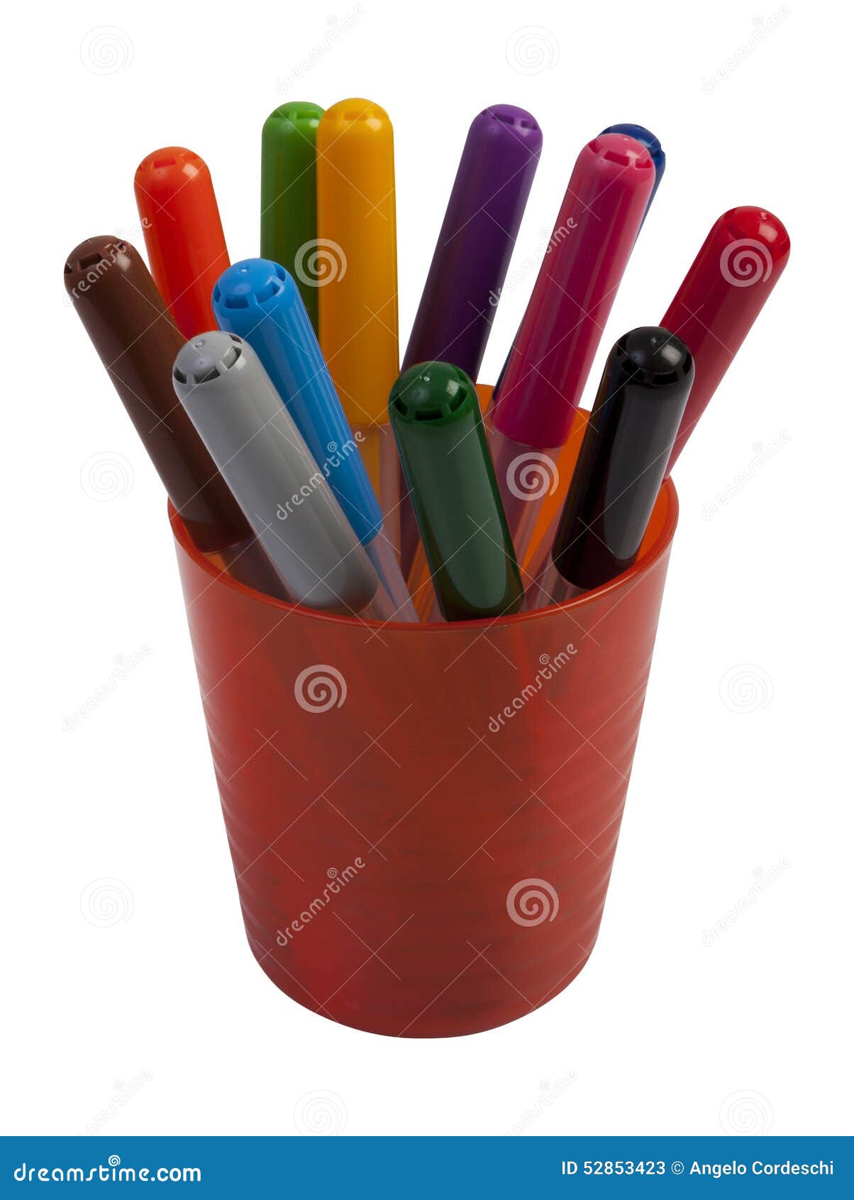 Marqueurs Colorés Dans Des Tasses En Plastique De Couleur Orange D