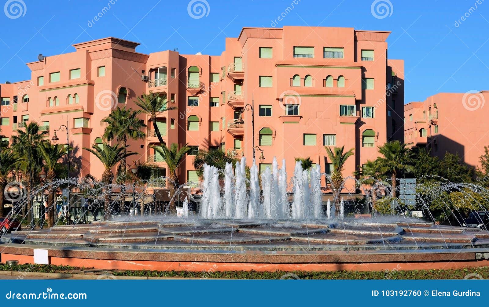 Fountains at the Avenue Mohammed VI in the City of Marrakesh Editorial