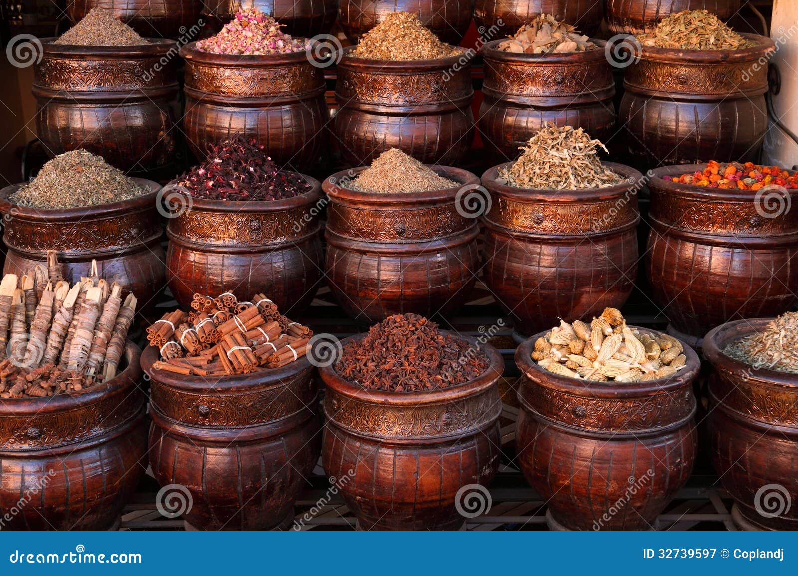 marrakesh spices in pots, medina souk