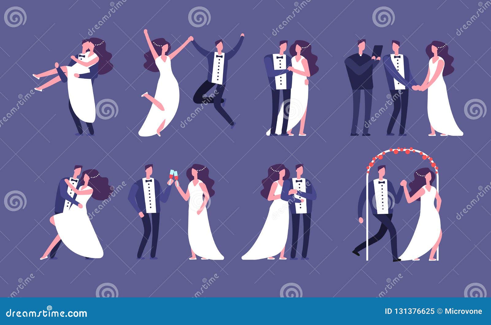 married couples. newly wed bride and groom, wedding celebration cartoon characters. just married happy people  set