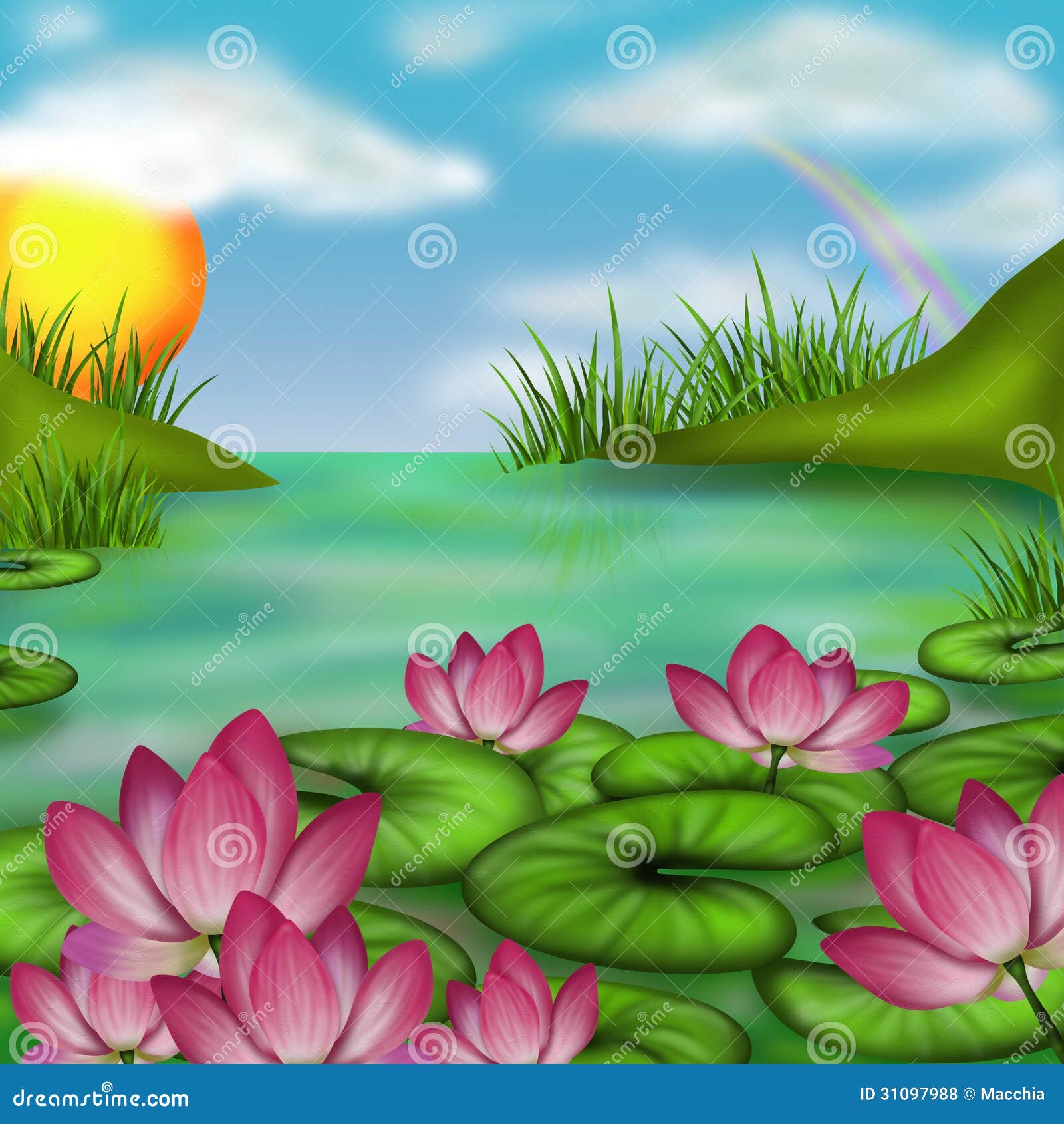 Marsh and water lilies stock illustration. Illustration of pink 31097988