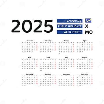 Marshall Islands Calendar 2025. Week Starts from Monday. Vector Graphic