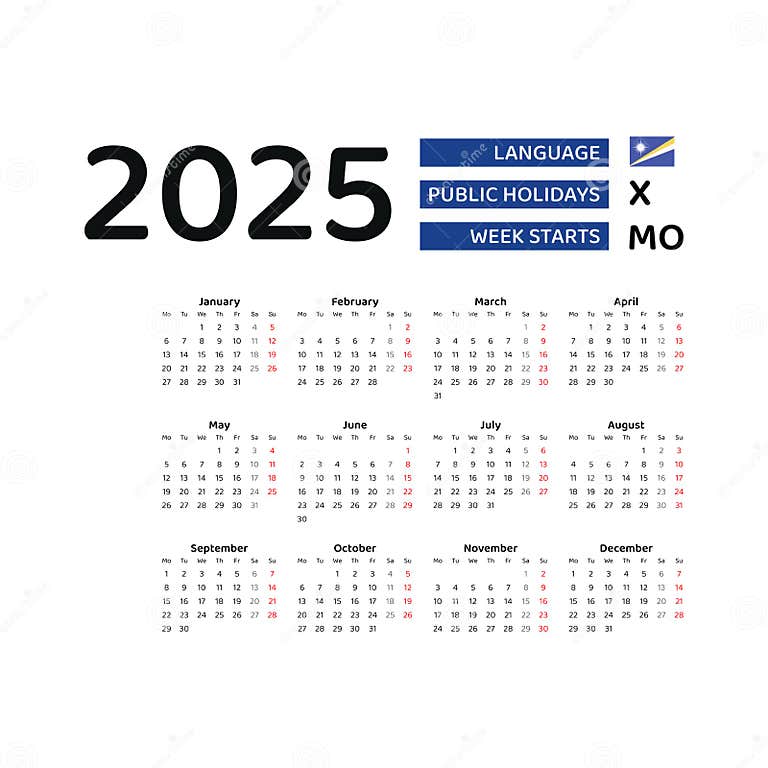 Marshall Islands Calendar 2025. Week Starts from Monday. Vector Graphic