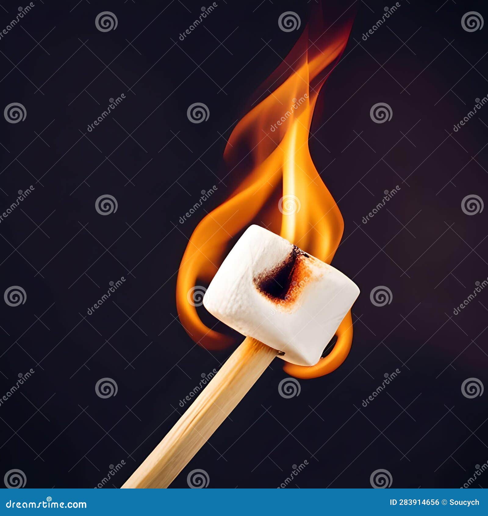 Marshmallow Burning on a Stick Contrasted Against a Black Background