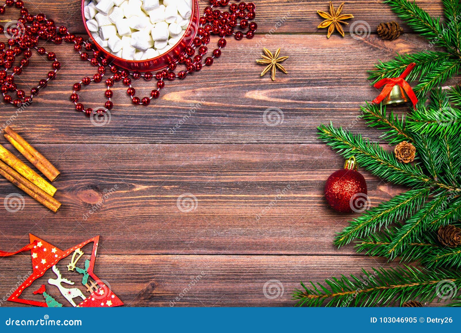 Marshmallow, Christmas-tree Branch on a Wooden Background Stock Image ...