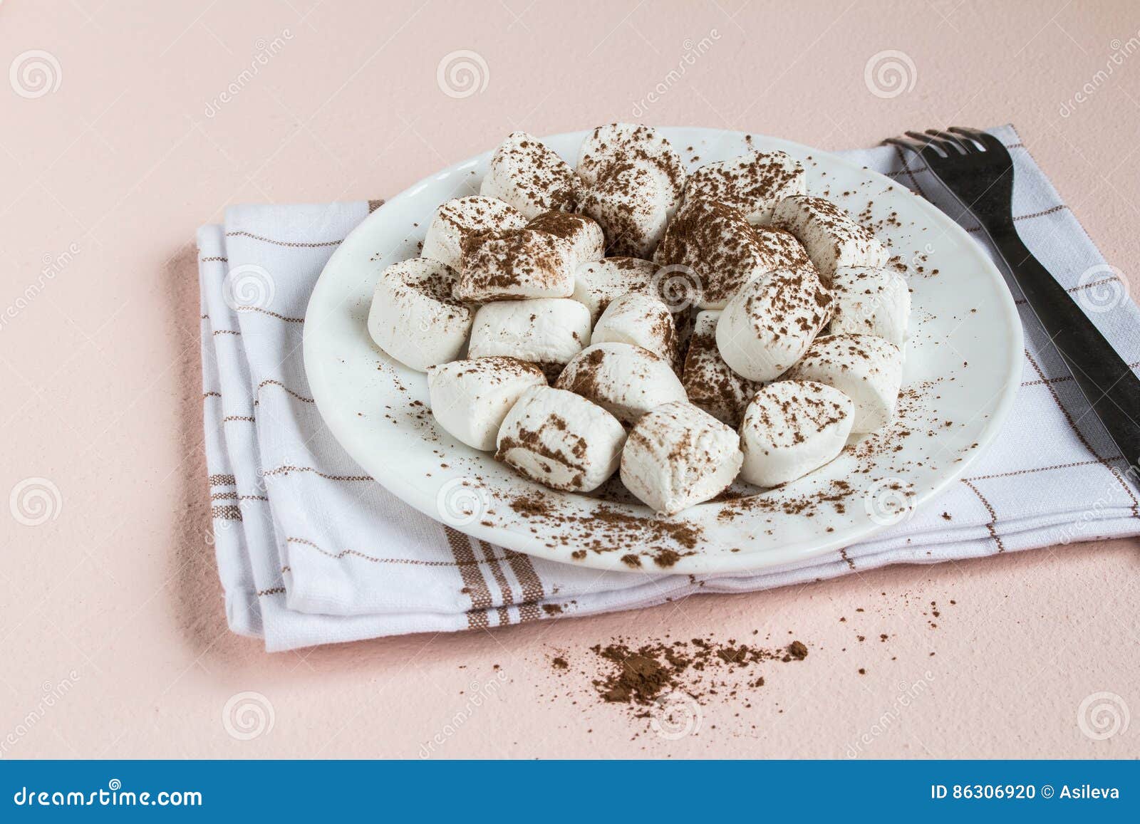 Marshmallows Dusted with Cocoa on White Plate Stock Photo Image of
