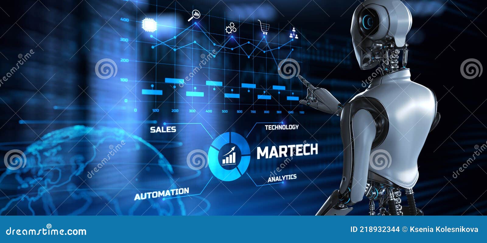 martech digital marketing automation technology concept. robot pressing button on screen 3d render