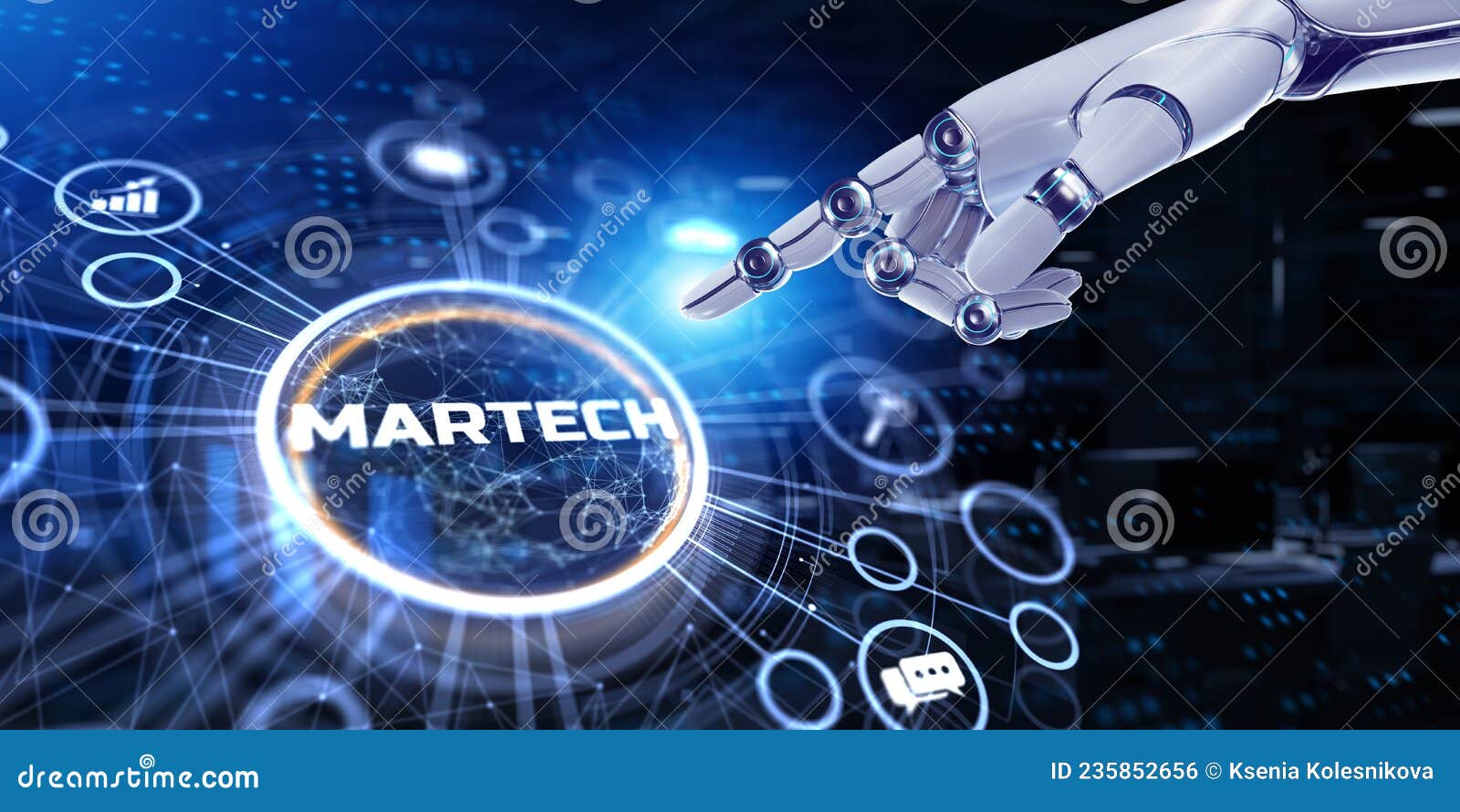 martech marketing technology automation concept on virtual screen. 3d render robot pressing button