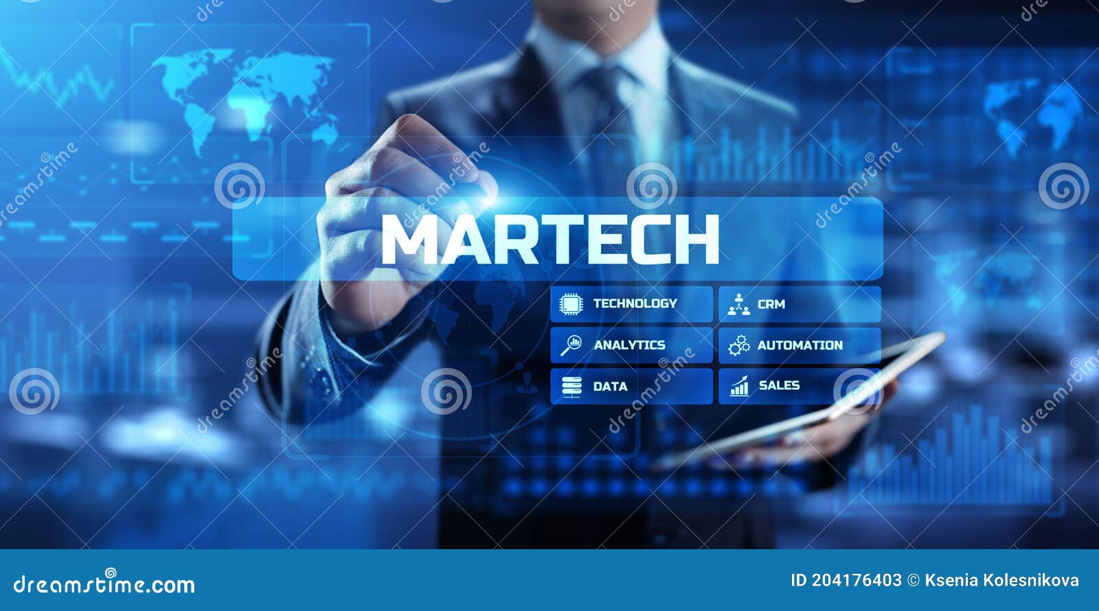 martech, marketing technology business concept on virtual screen dashboard.