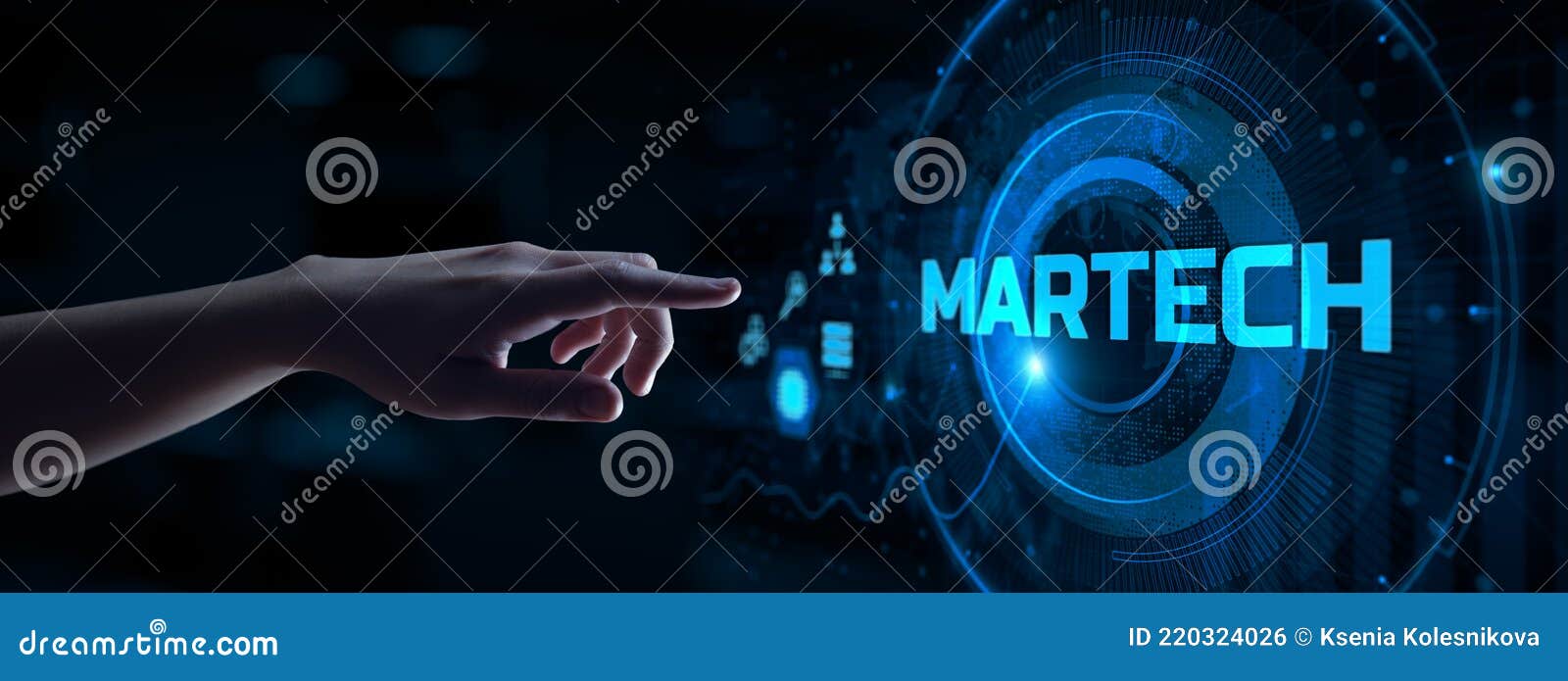 martech marketing technology concept. hand pressing button on screen