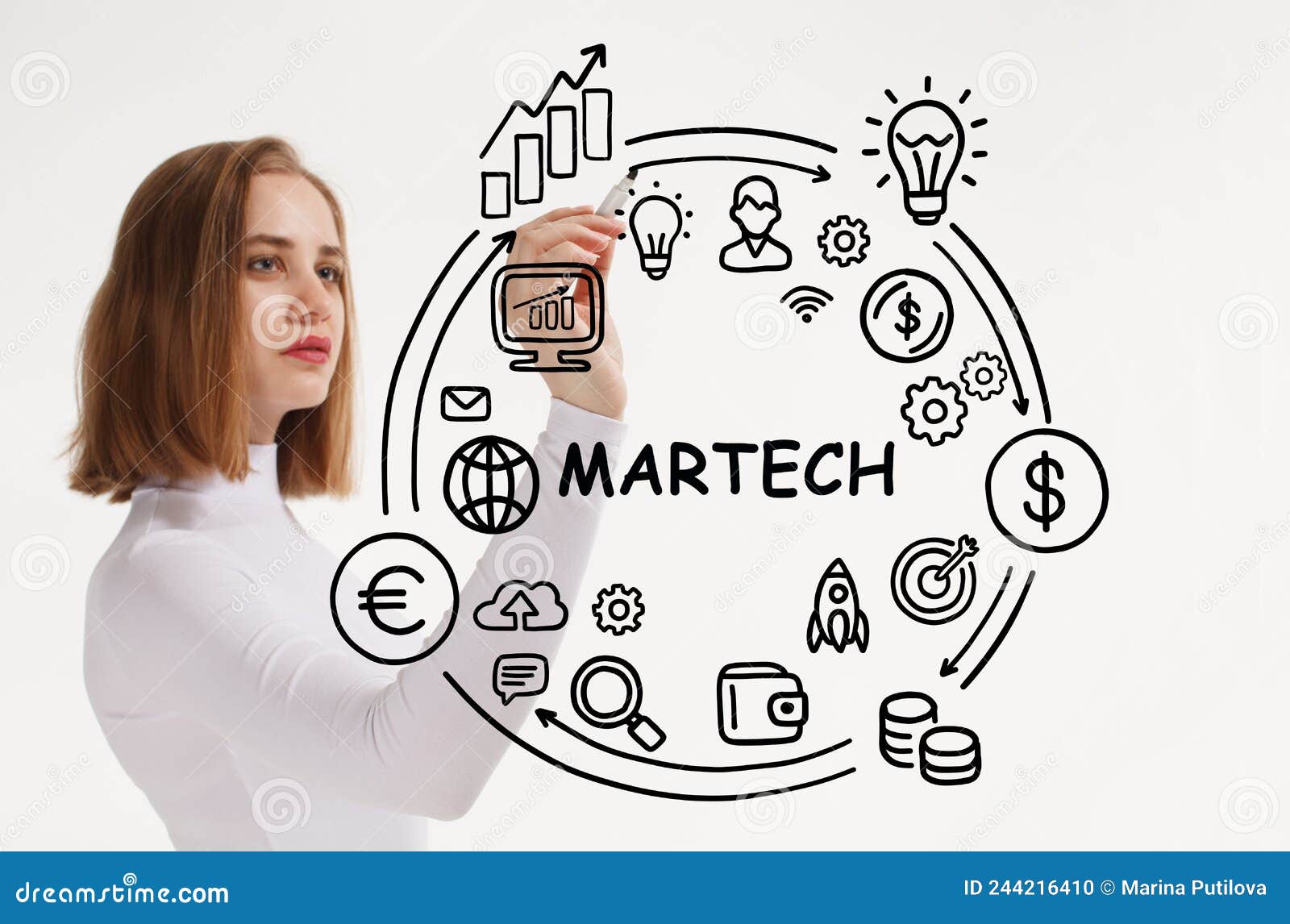 martech marketing technology concept on virtual screen interface. business, technology, internet and network concept