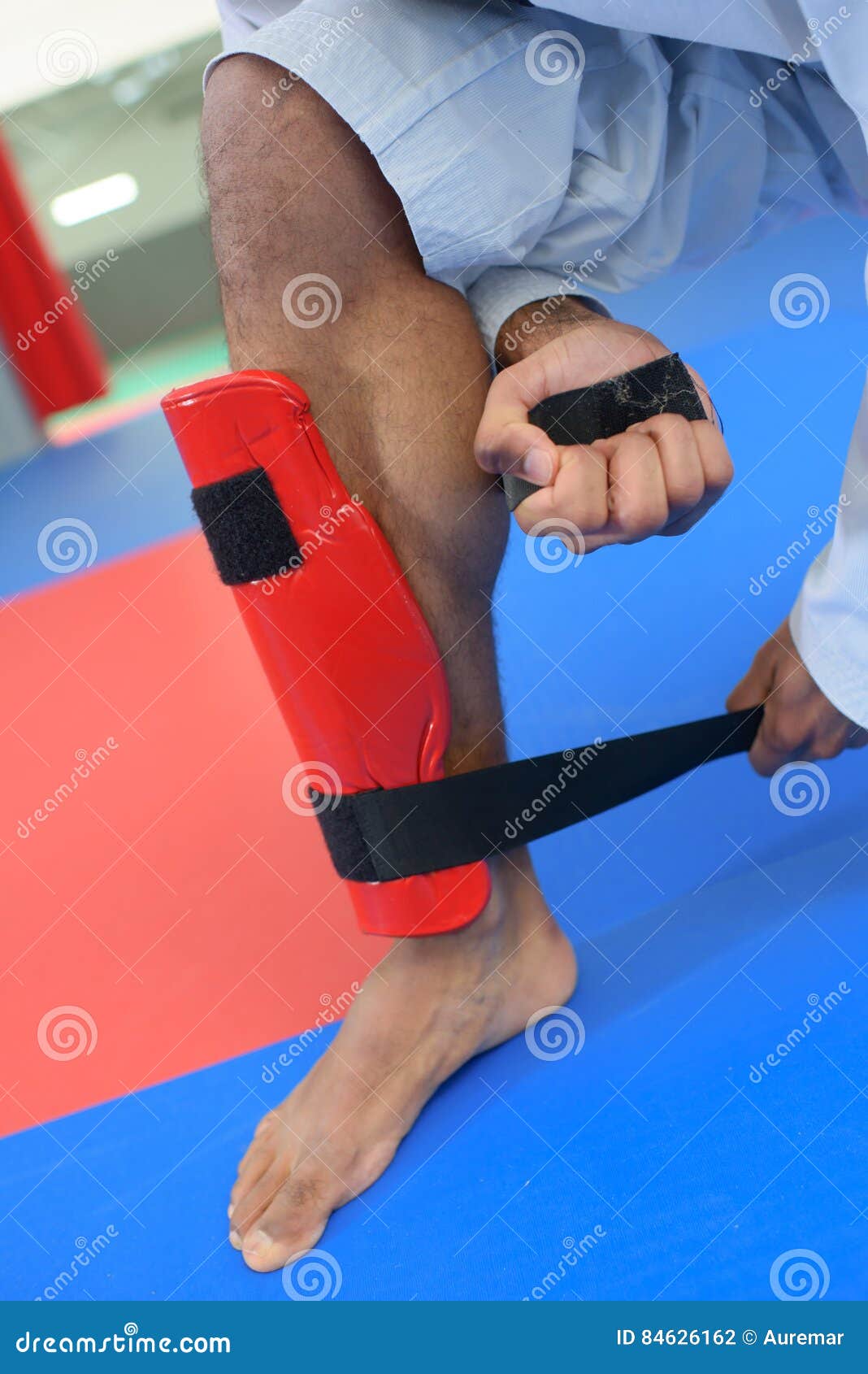 Martial Artist Putting on Leg Guard Stock Photo Image of karate, belt 84626162