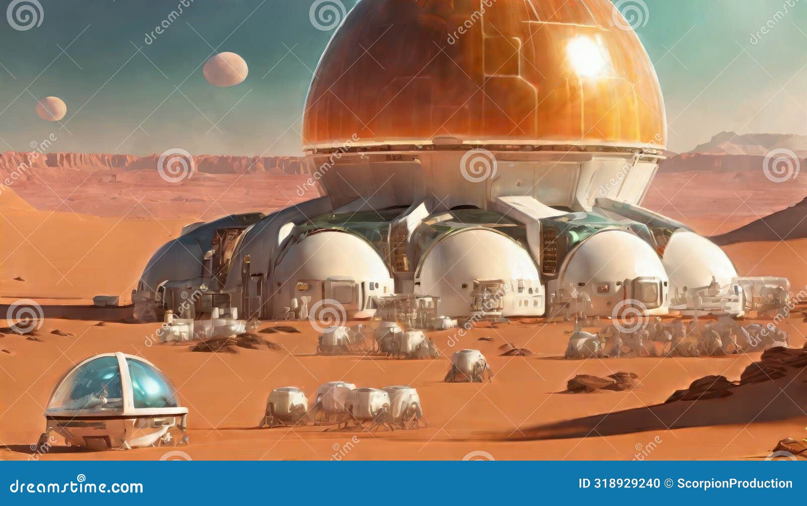 martian colony with domes and moons in the sky