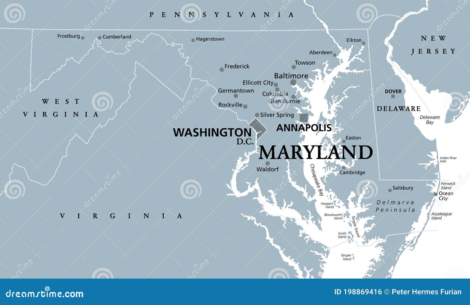 Maryland, MD, Gray Political Map, Old Line State, Free State Stock