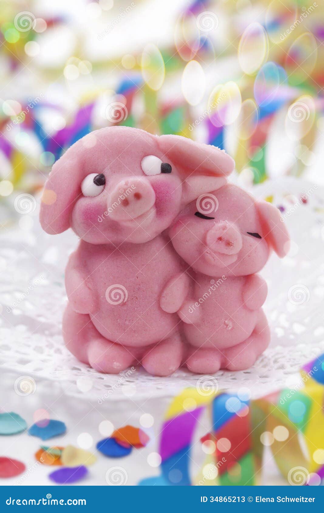 Two Marzipan Pigs With Cloverleaf And Good Luck (in German) Written On
