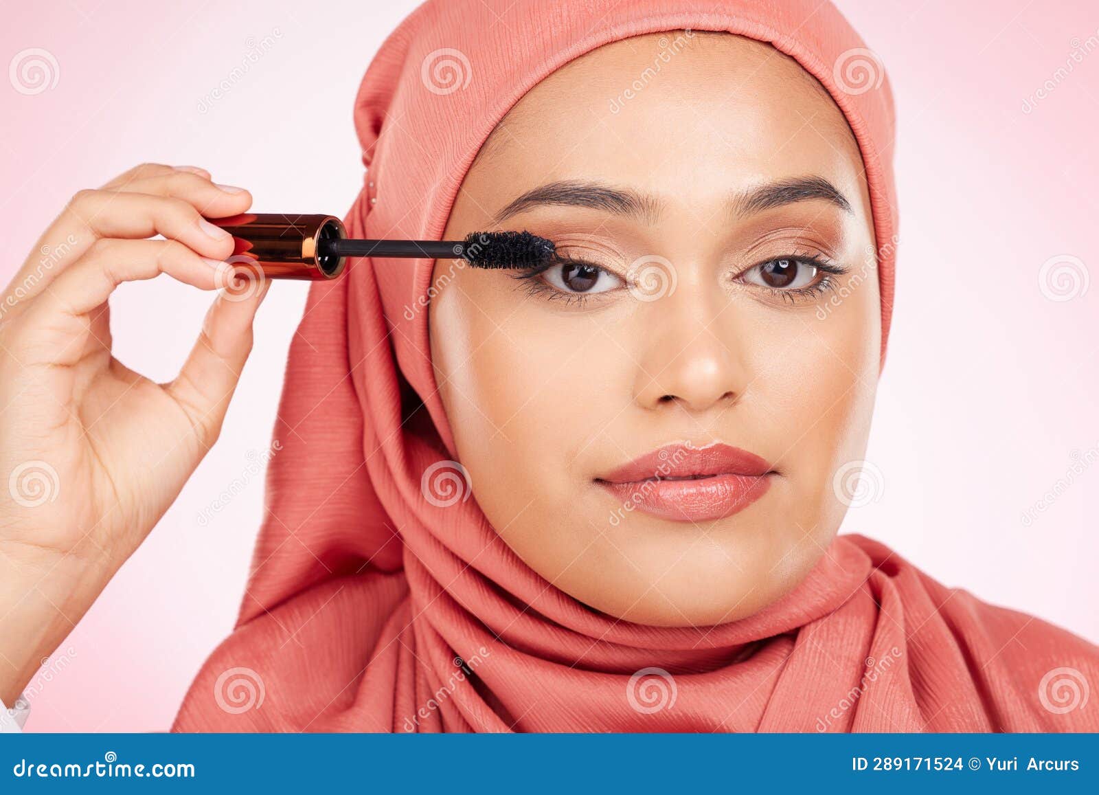 mascara brush, portrait or islamic woman with studio cosmetic tools, skincare or grooming facial lashes. eyelash product