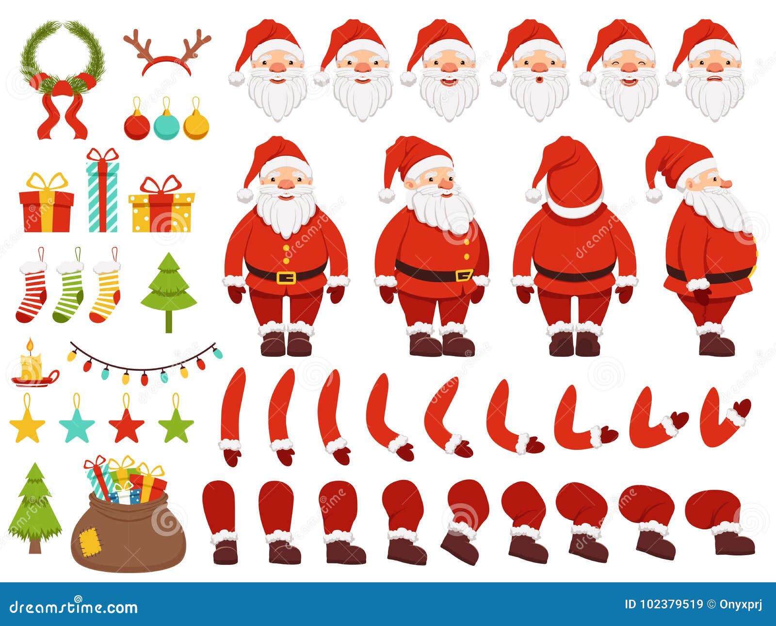 Mascot creation kit of christmas character Santa in different keyframes Santa claus with beard in xmas costume Vector illustration