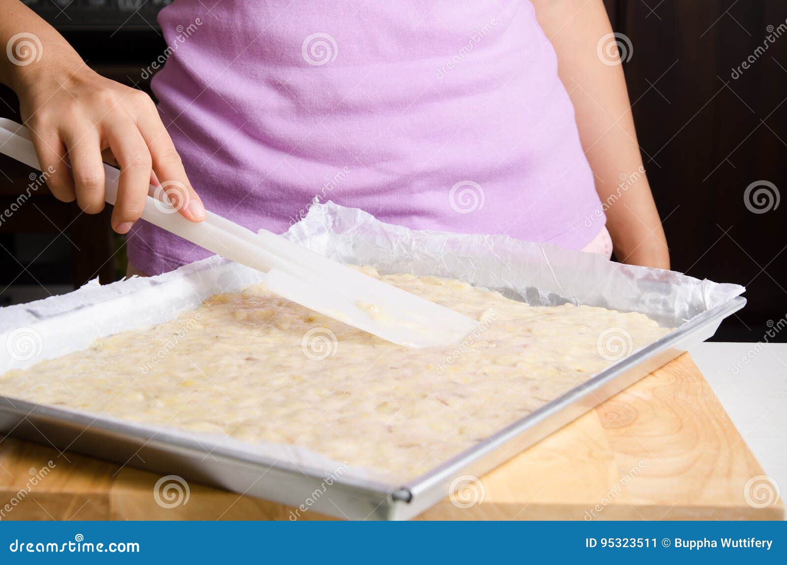 Mashed Banana is Spreading on Baking Tray Stock Image Image of