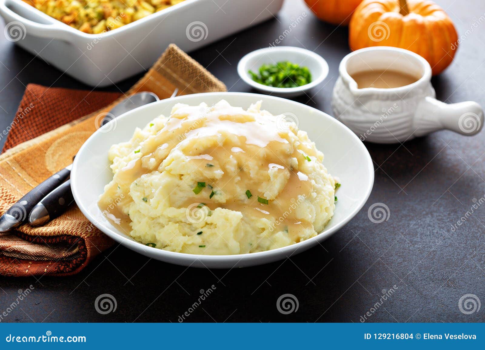 Mashed Potatoes with Gravy for Thanksgiving Stock Photo - Image of