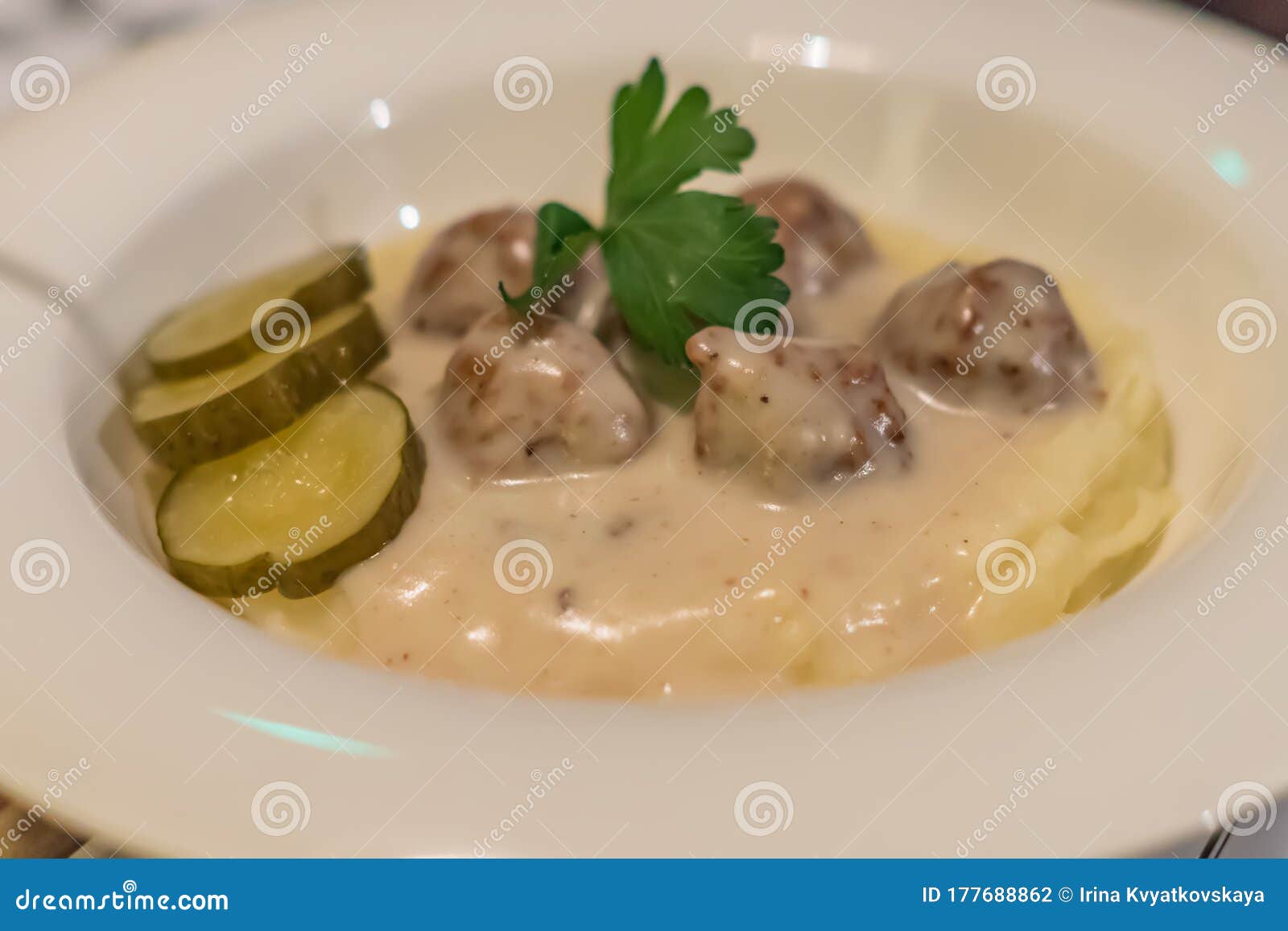 Mashed Potatoes with Meatballs and Pickles Stock Photo Image of